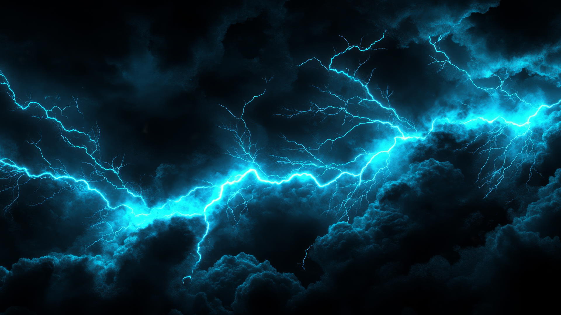 black and blue wallpaper with neon blue lightning bolt and glowing clouds