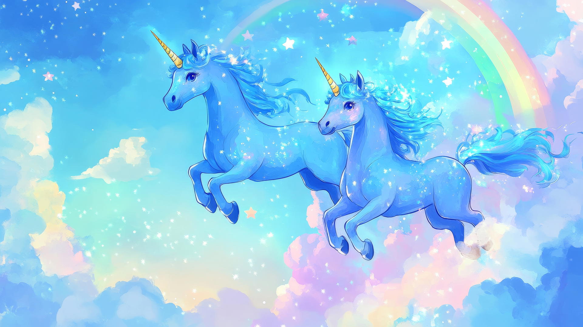 Cute blue wallpaper with dreamy unicorns, sparkling manes, stars, fluffy clouds, and rainbows