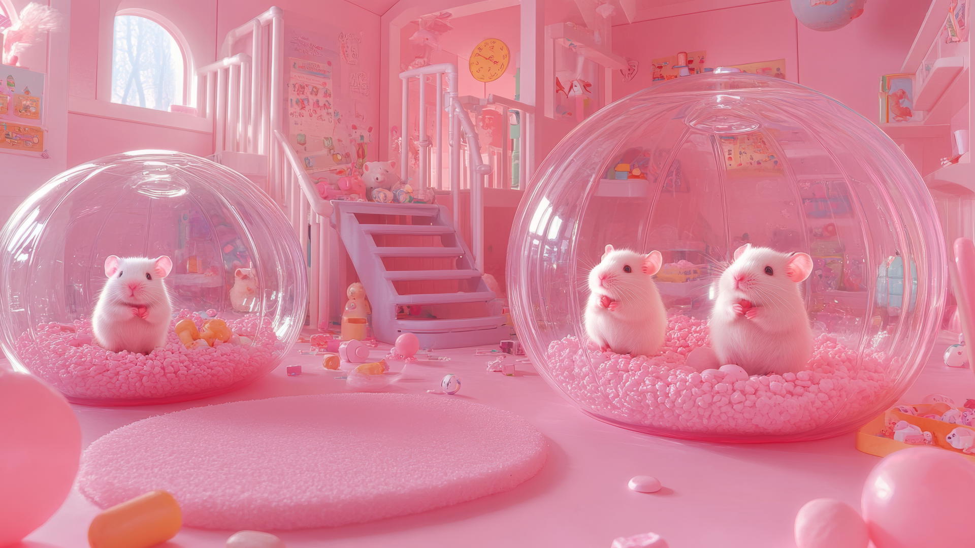 cute pink wallpaper with adorable hamsters in transparent balls in a pastel playroom