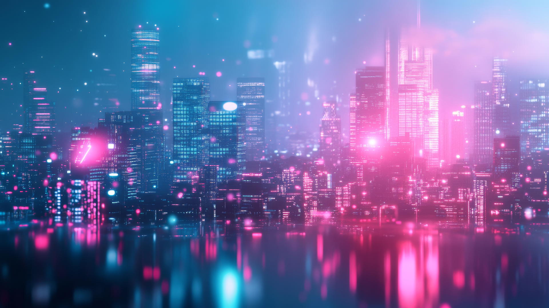 pink and blue wallpaper with neon-lit modern cityscape