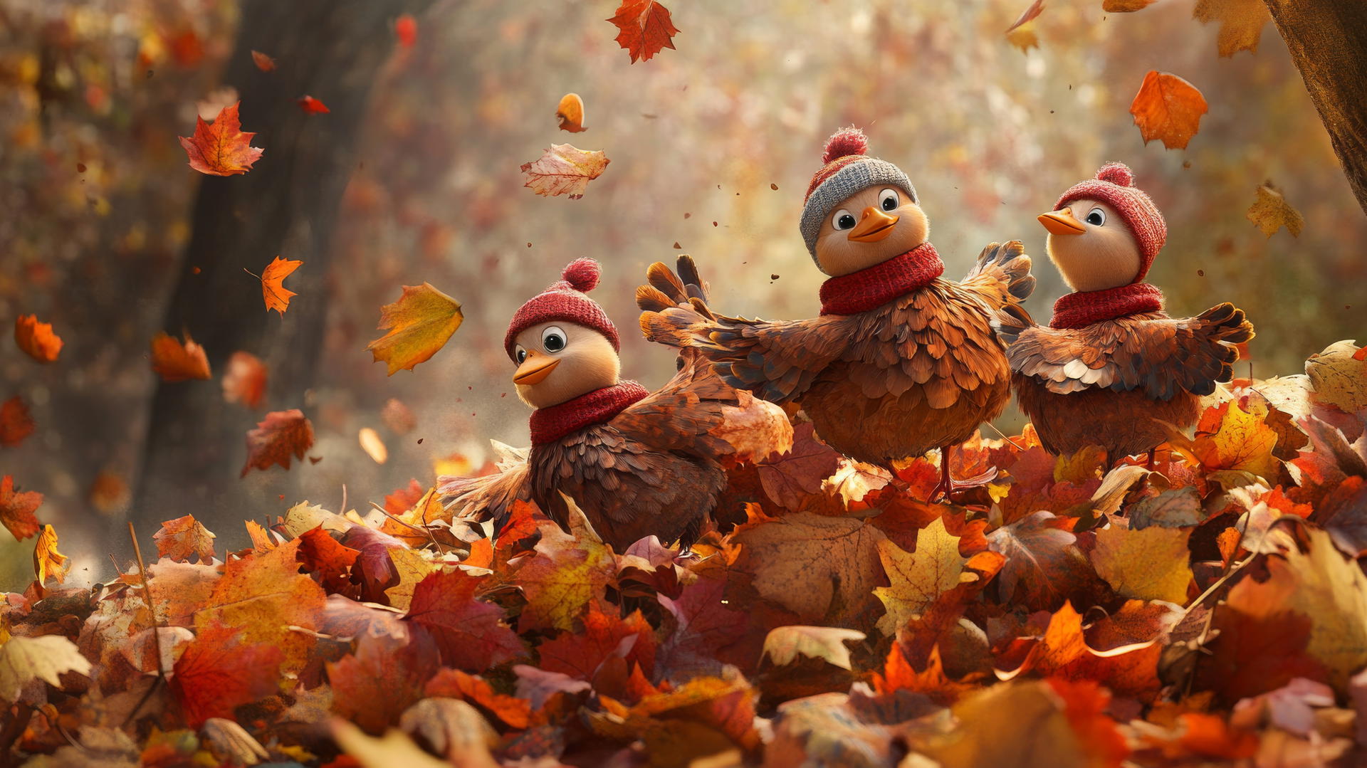 thanksgiving wallpaper cute scene with cartoon turkeys in autumn leaves