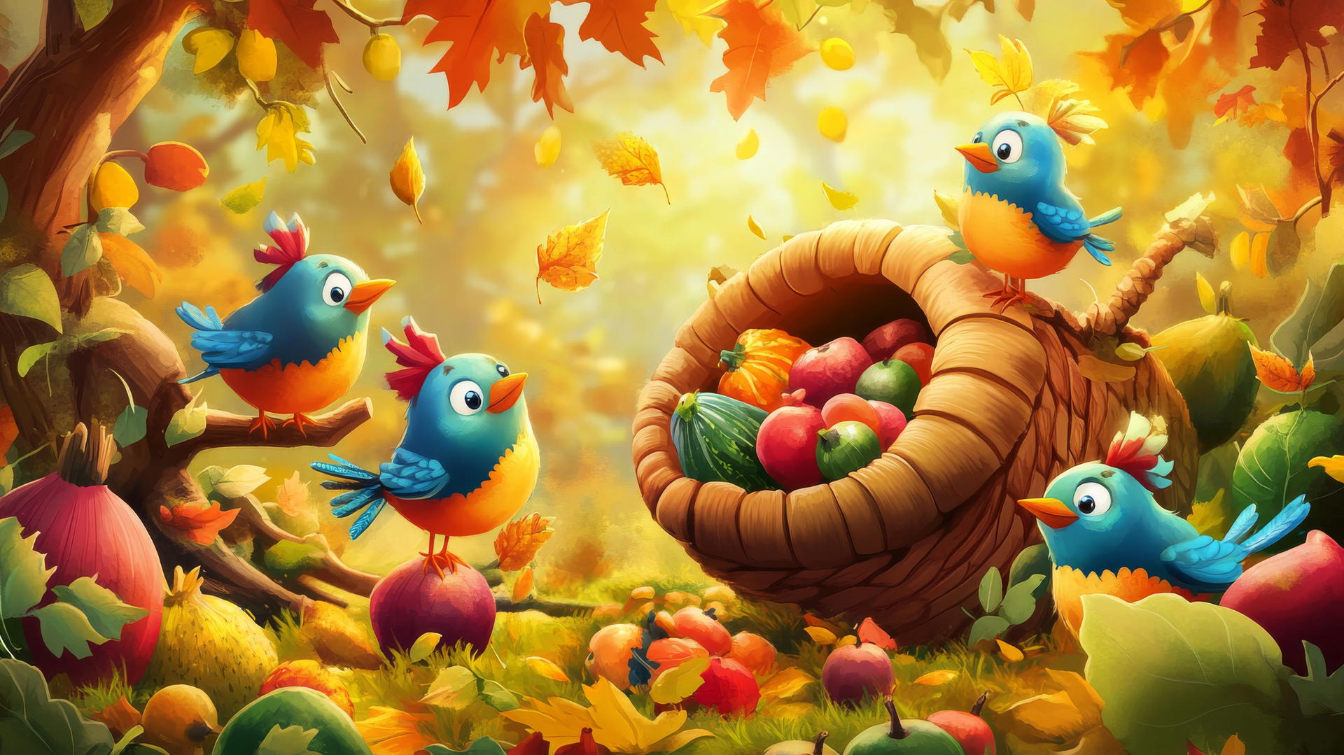 thanksgiving wallpaper cute with cartoon birds in pilgrim attire and cornucopia