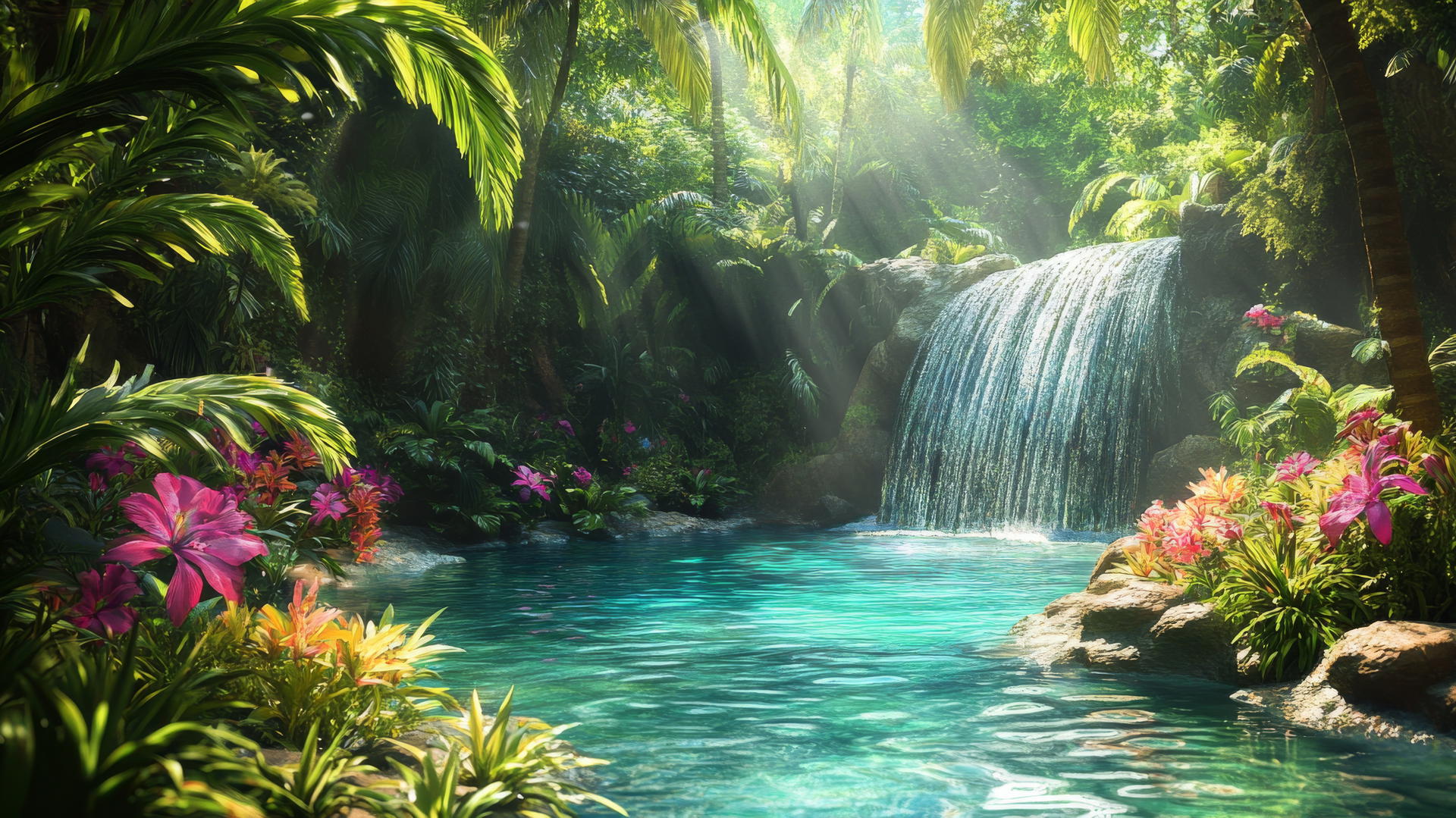 summer wallpaper iPhone with lush tropical oasis, vibrant palms, and flowers