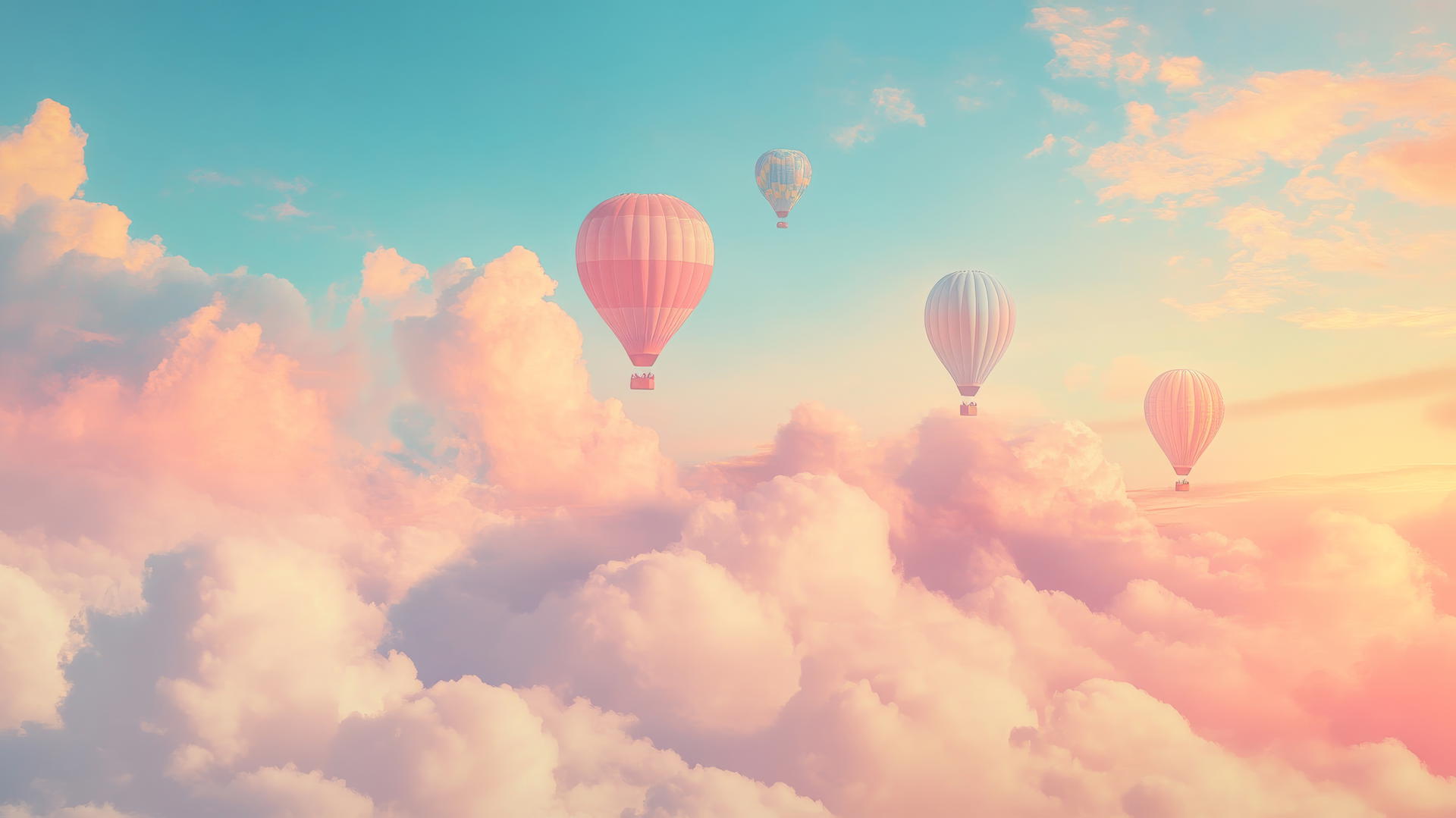 dreamy summer sky with hot air balloons amidst soft clouds, summer aesthetic wallpaper