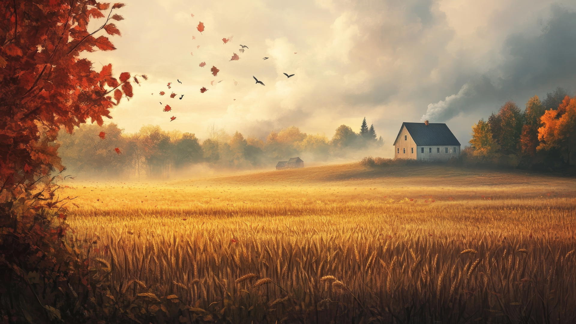 aesthetic thanksgiving wallpaper of impressionist landscape with farmhouse, amber wheat fields, and falling leaves