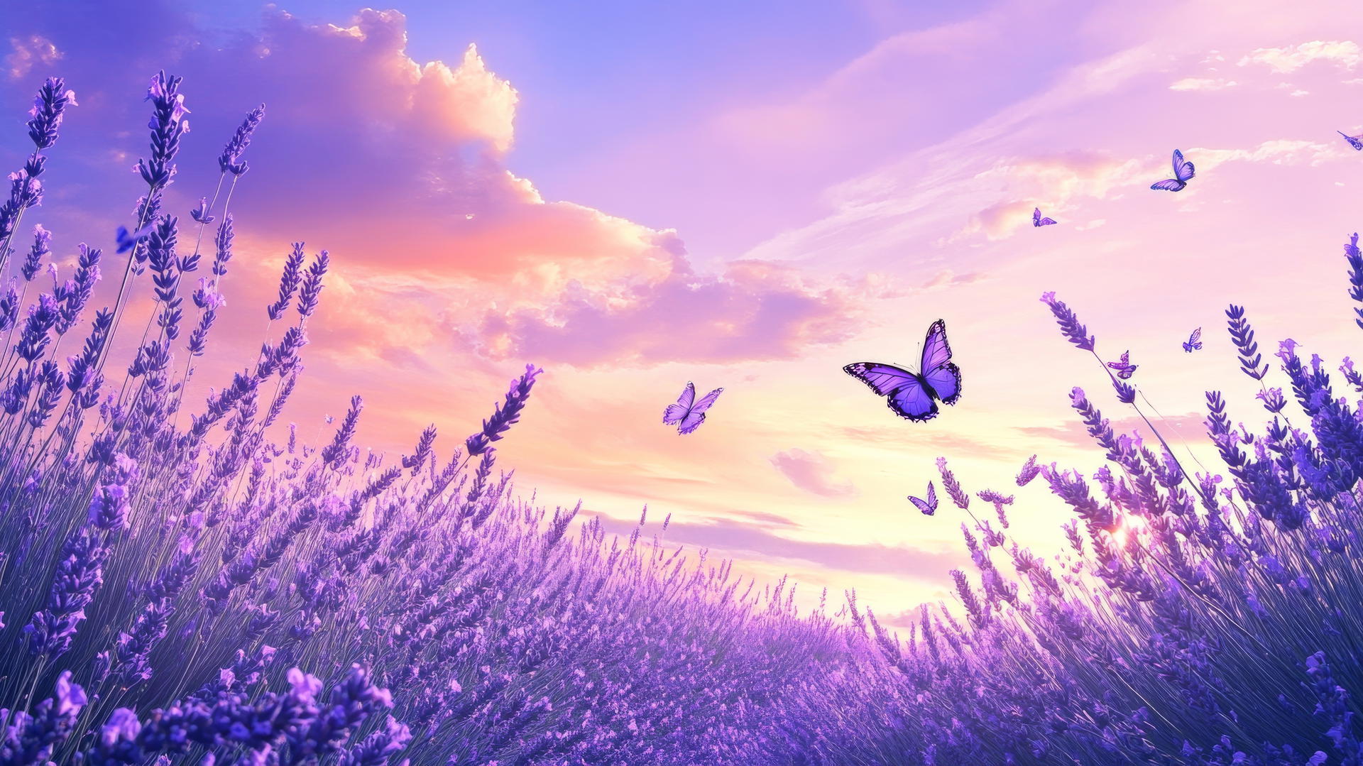 summer wallpaper of endless lavender fields under a warm sky with butterflies
