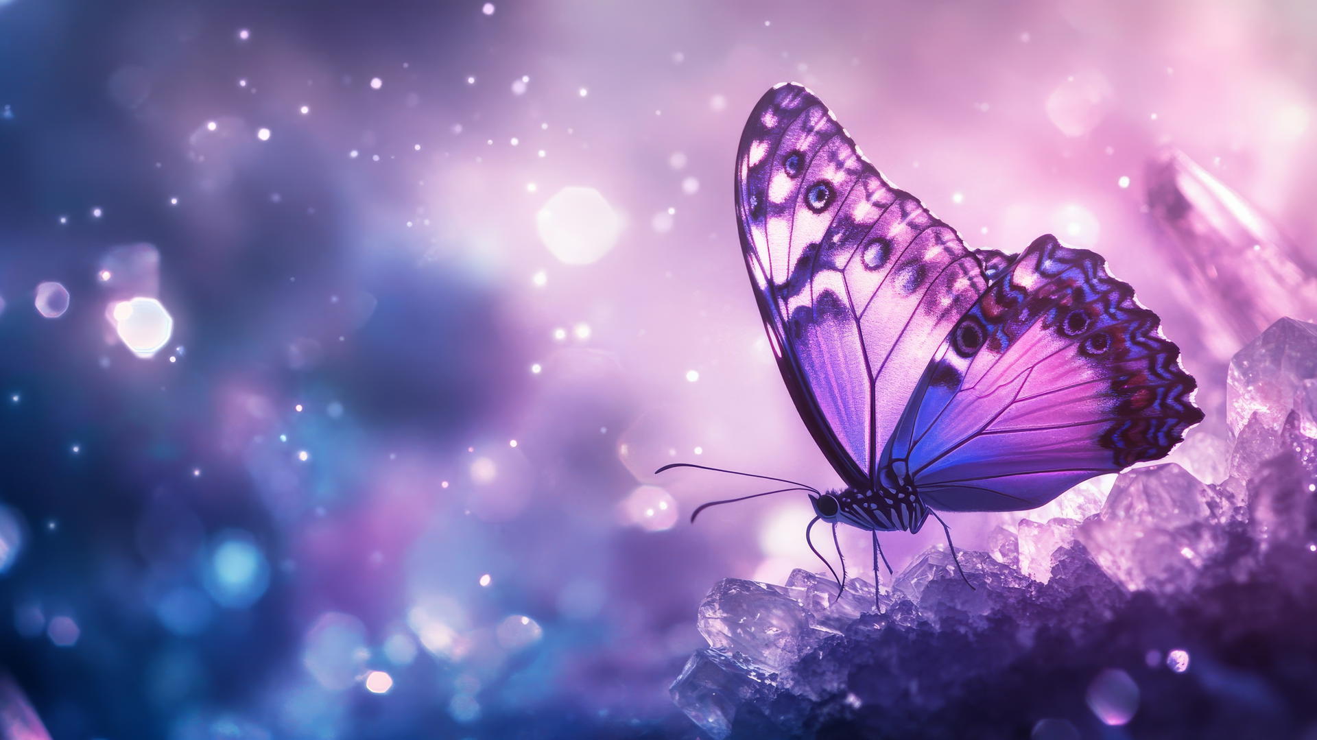 Purple butterfly wallpaper with intricate wing patterns on a glowing crystal.