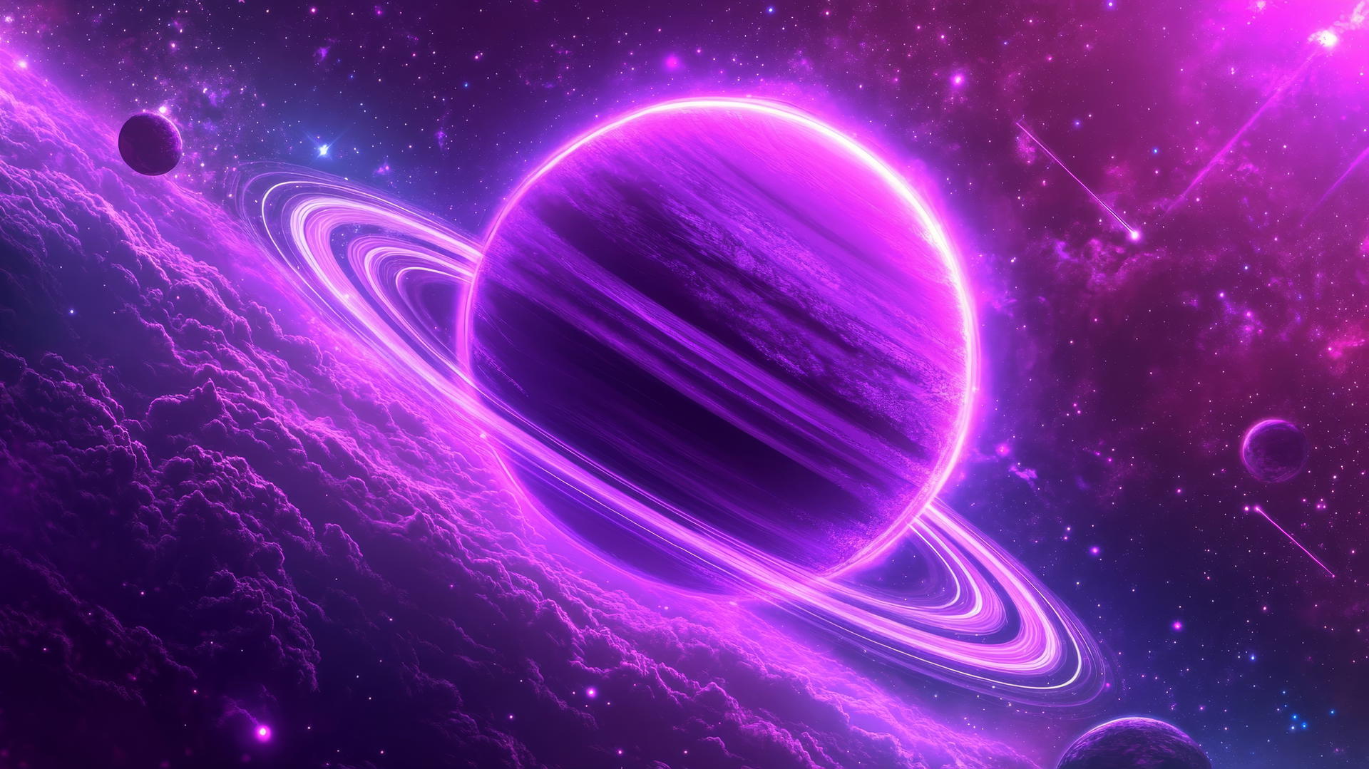 neon purple aesthetic wallpaper with glowing stars, neon planets, and a ringed planet