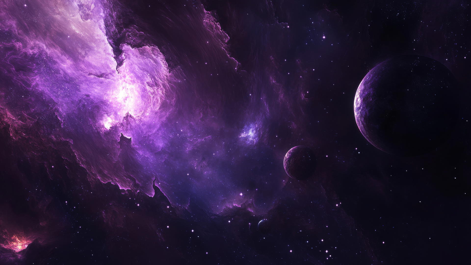 dark purple wallpaper with swirling nebulae, distant stars, and glowing planets