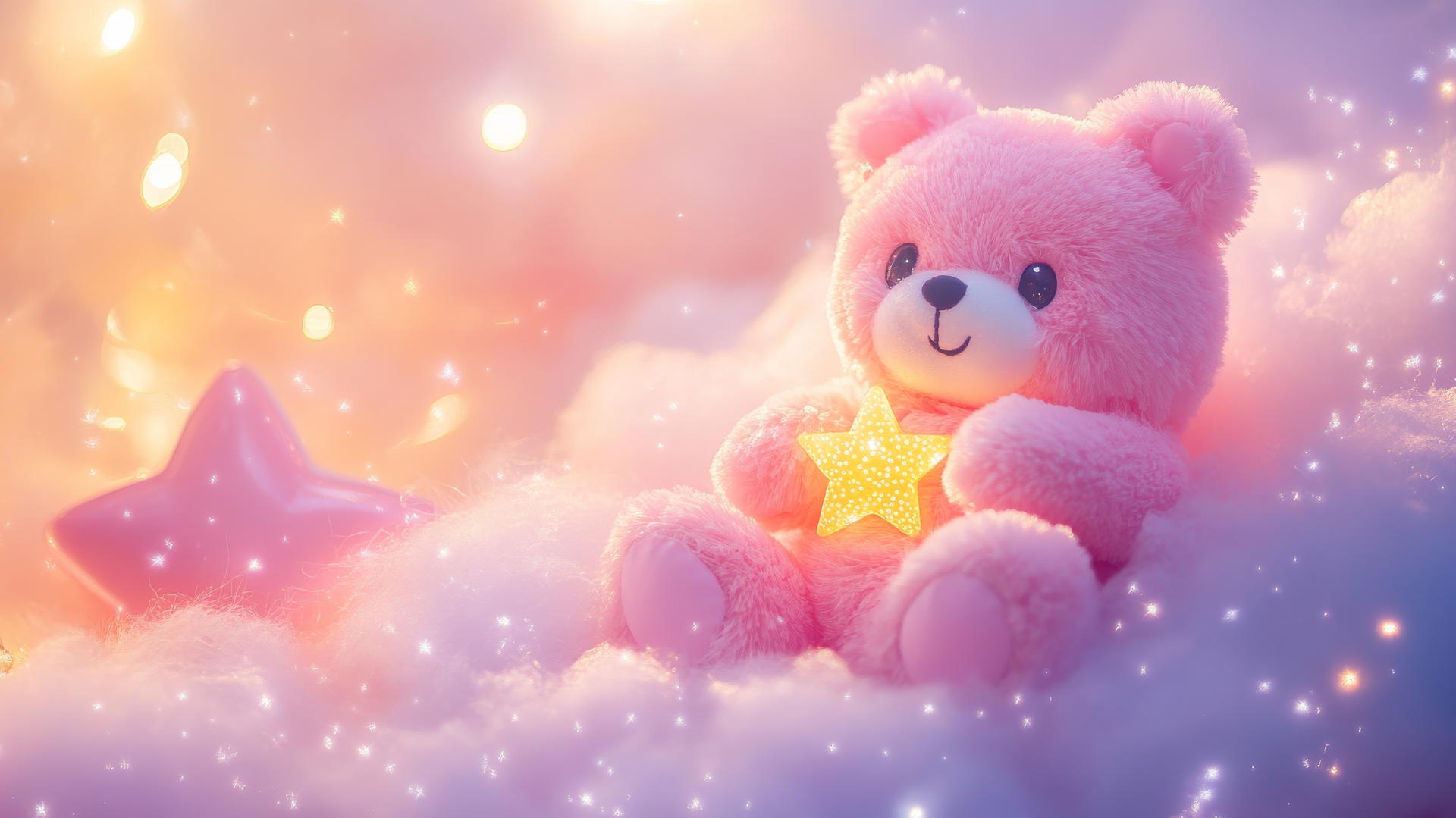 cute pink wallpaper with a kawaii bear holding a star on a fluffy pink cloud with sparkles