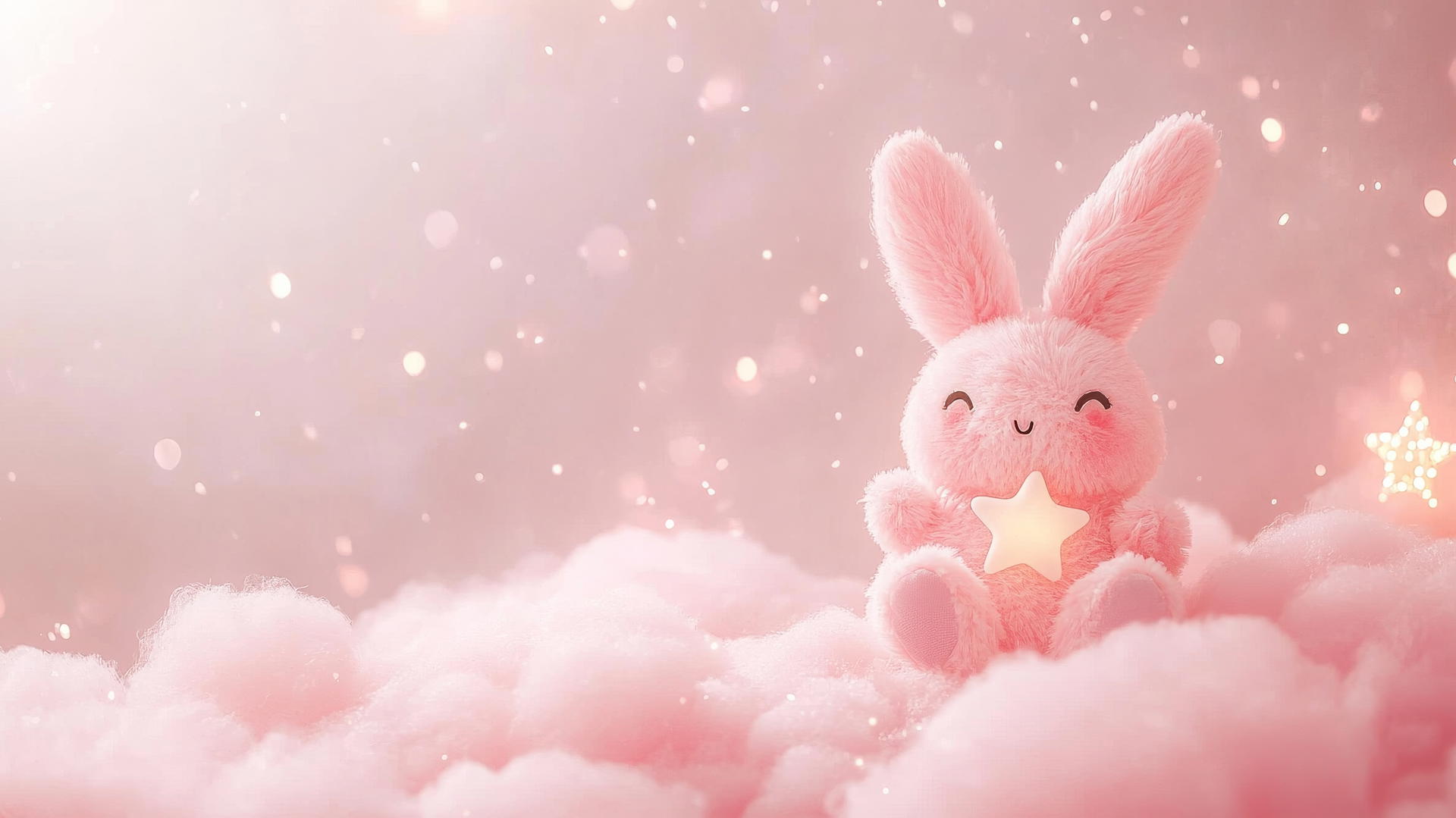 cute pink wallpaper with kawaii bunny holding a tiny star on a fluffy pink cloud
