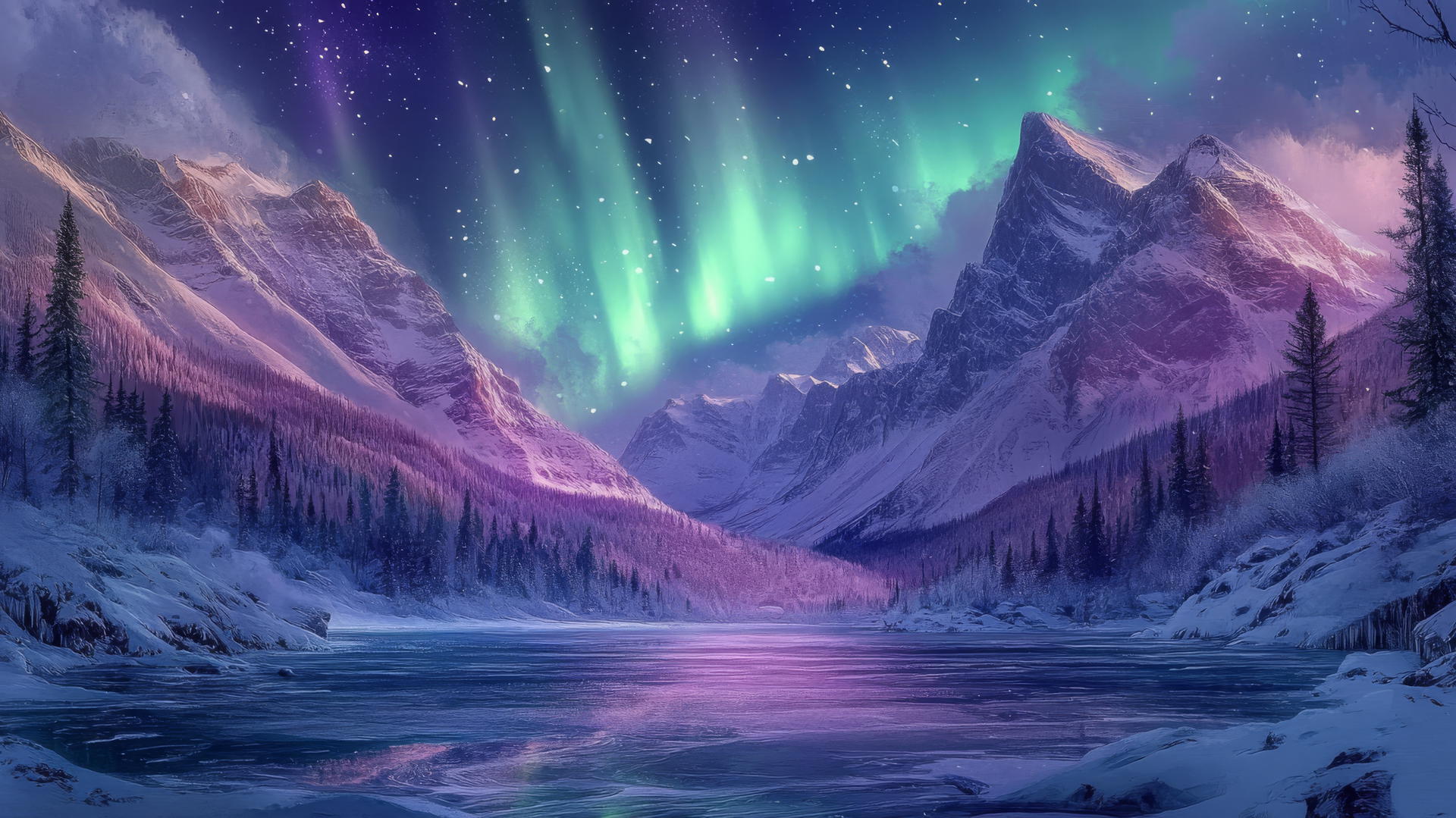 Beautiful winter wallpaper of a frozen lake with snow-capped mountains and aurora borealis.