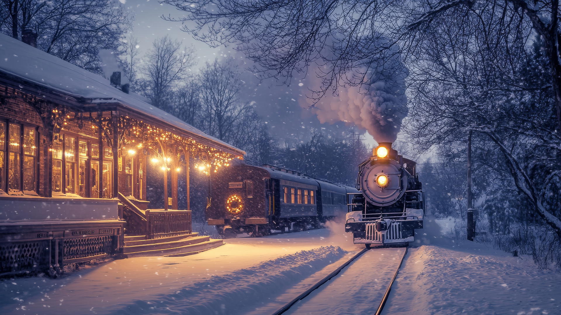 winter background wallpaper of a snow-covered train station at dusk with a vintage steam train arriving
