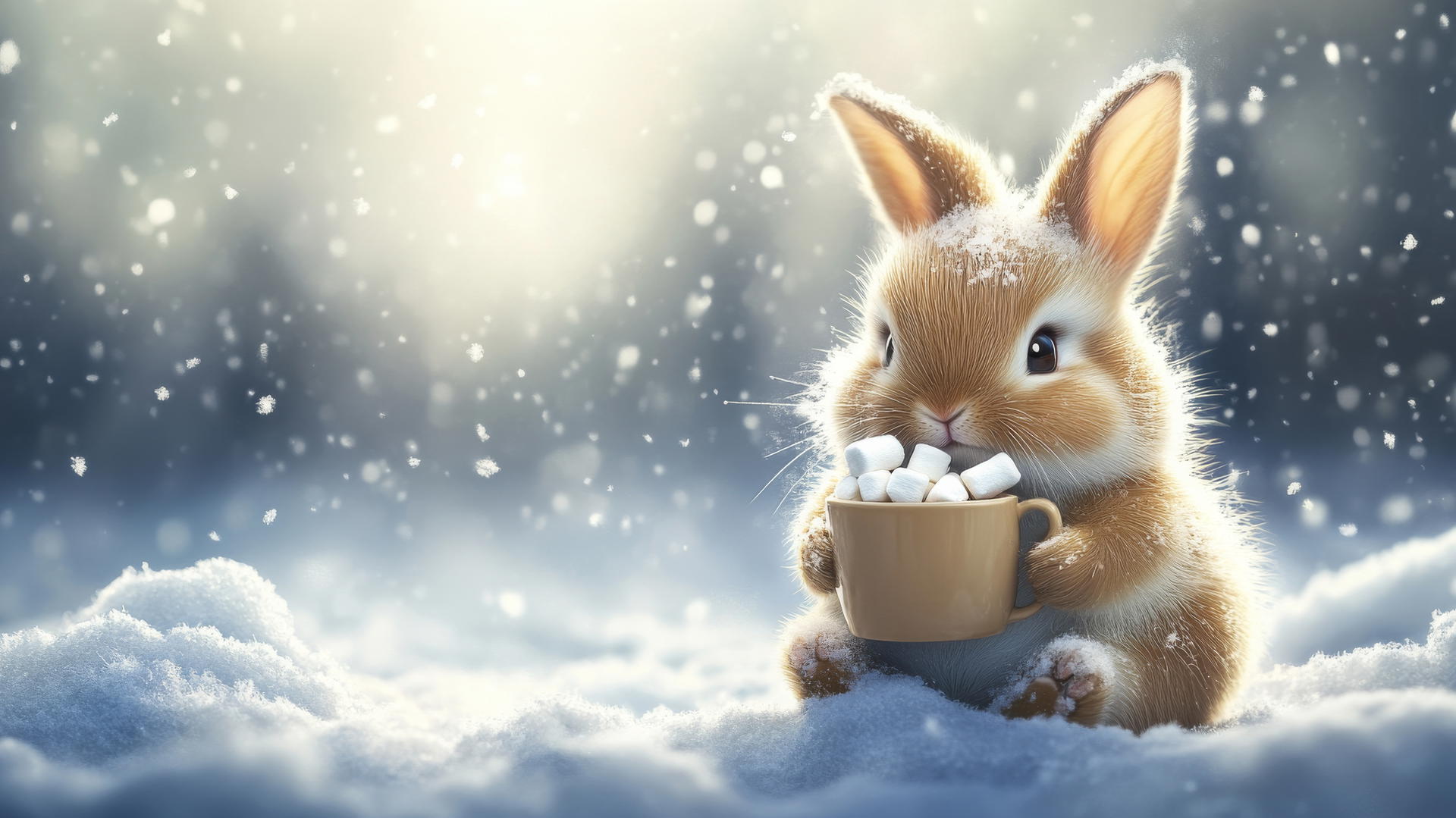 A chubby little bunny in the snow holding a hot cocoa mug, cute bunny wallpaper