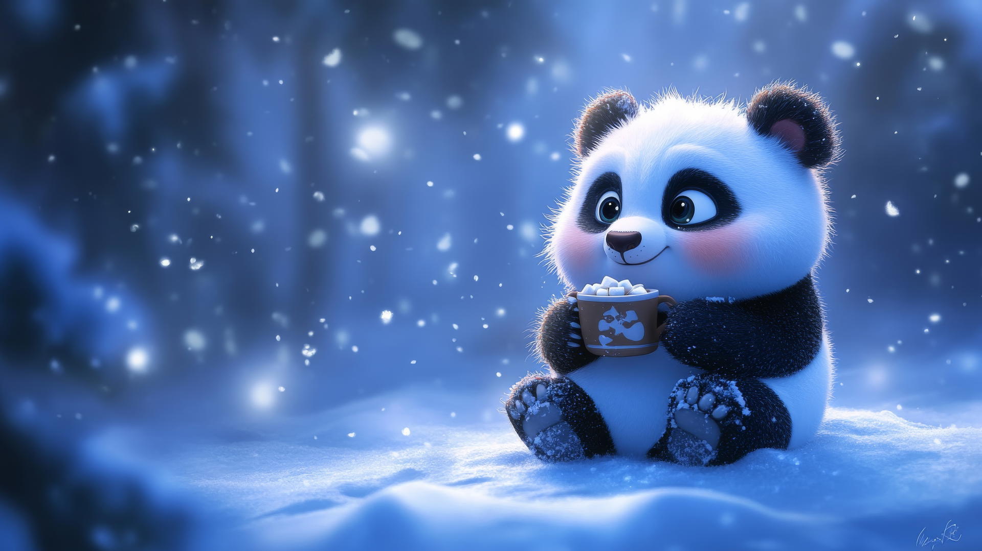 cute panda wallpaper of a chubby panda in the snow with hot cocoa