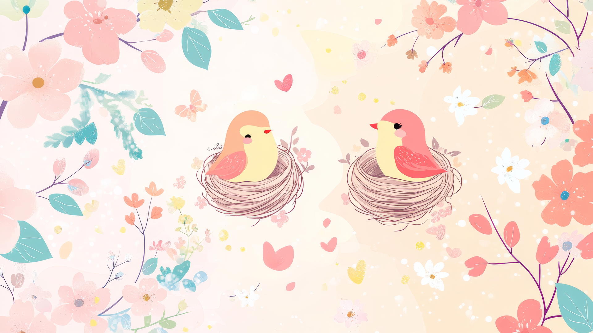 cute spring wallpaper with tiny birds in colorful nests, blossoming flowers, and pastel leaves