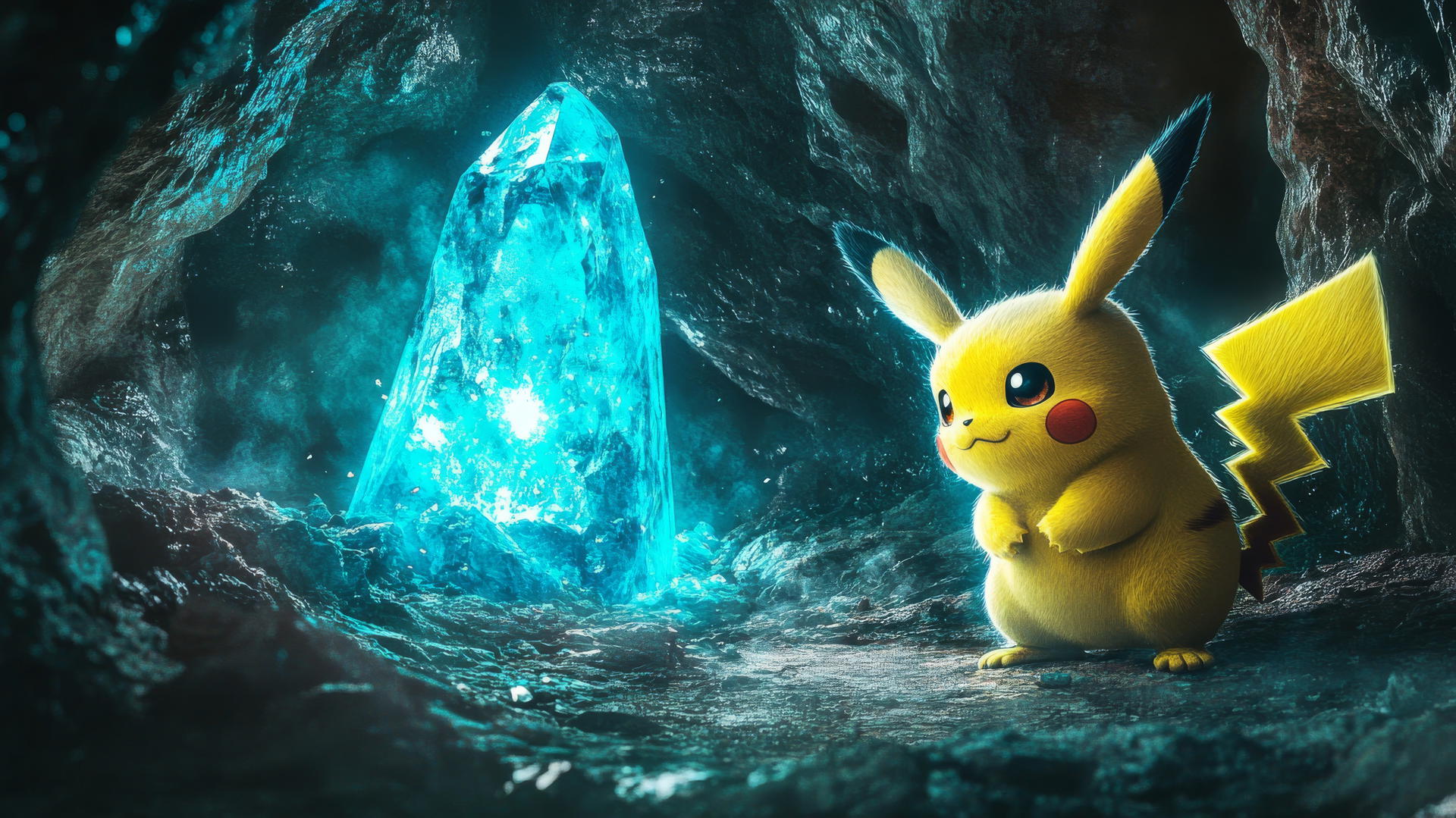 Pikachu gazing at a massive glowing crystal in an ancient cave