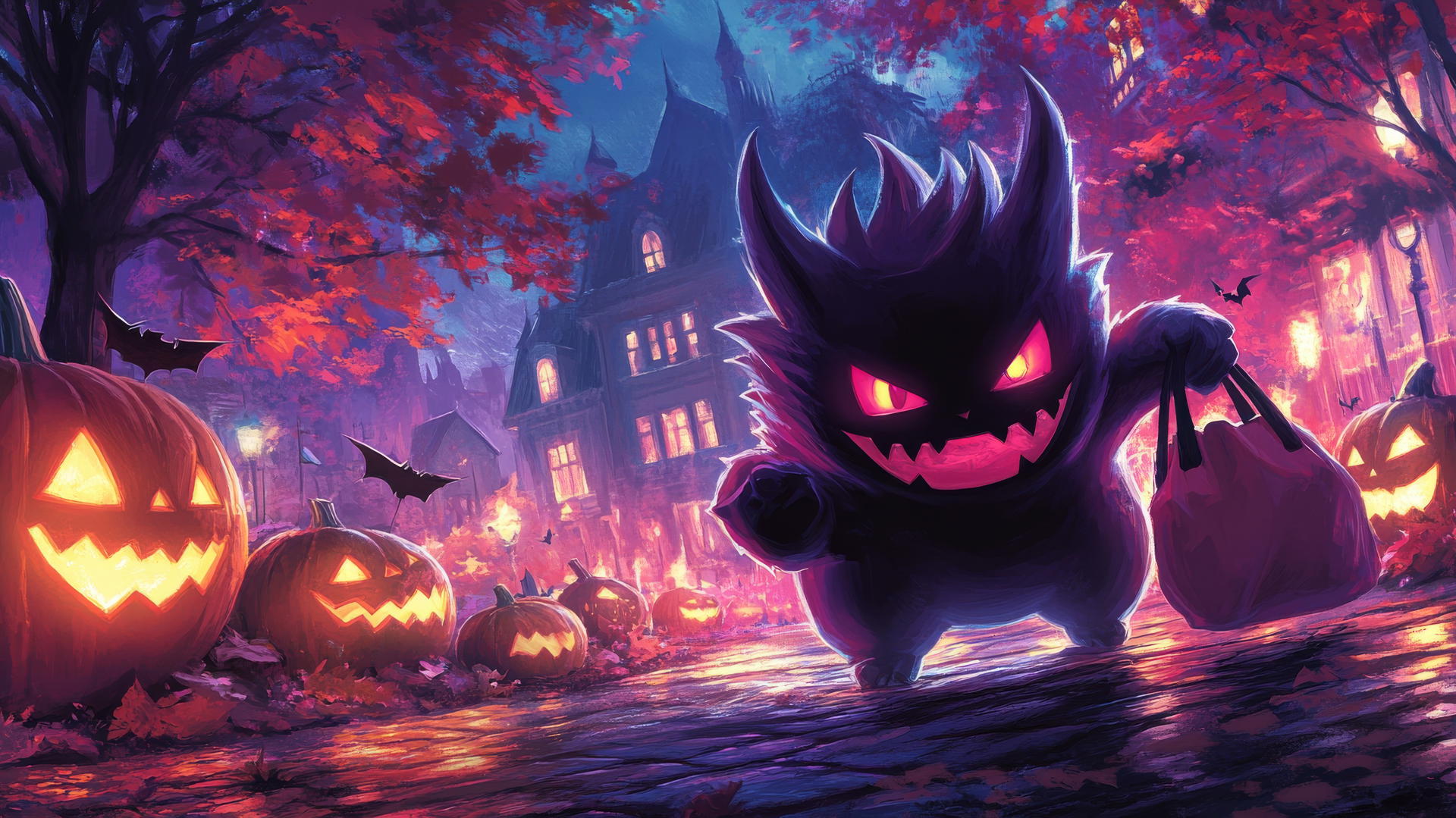 Gengar Pokemon at Halloween festival, holding trick-or-treat bag, pumpkins glow, spooky decorations.