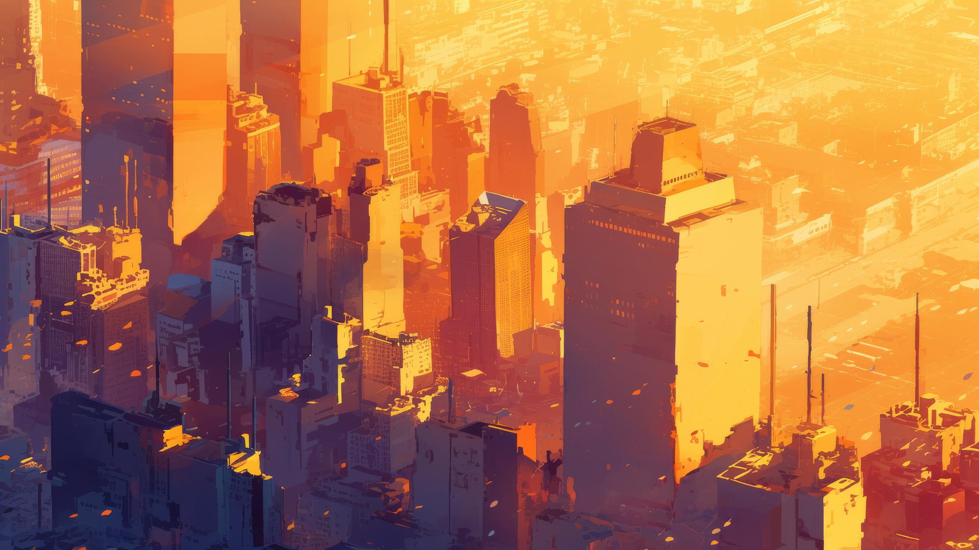 cool wallpapers 4k, vibrant cityscape at sunset with golden light, dramatic shadows