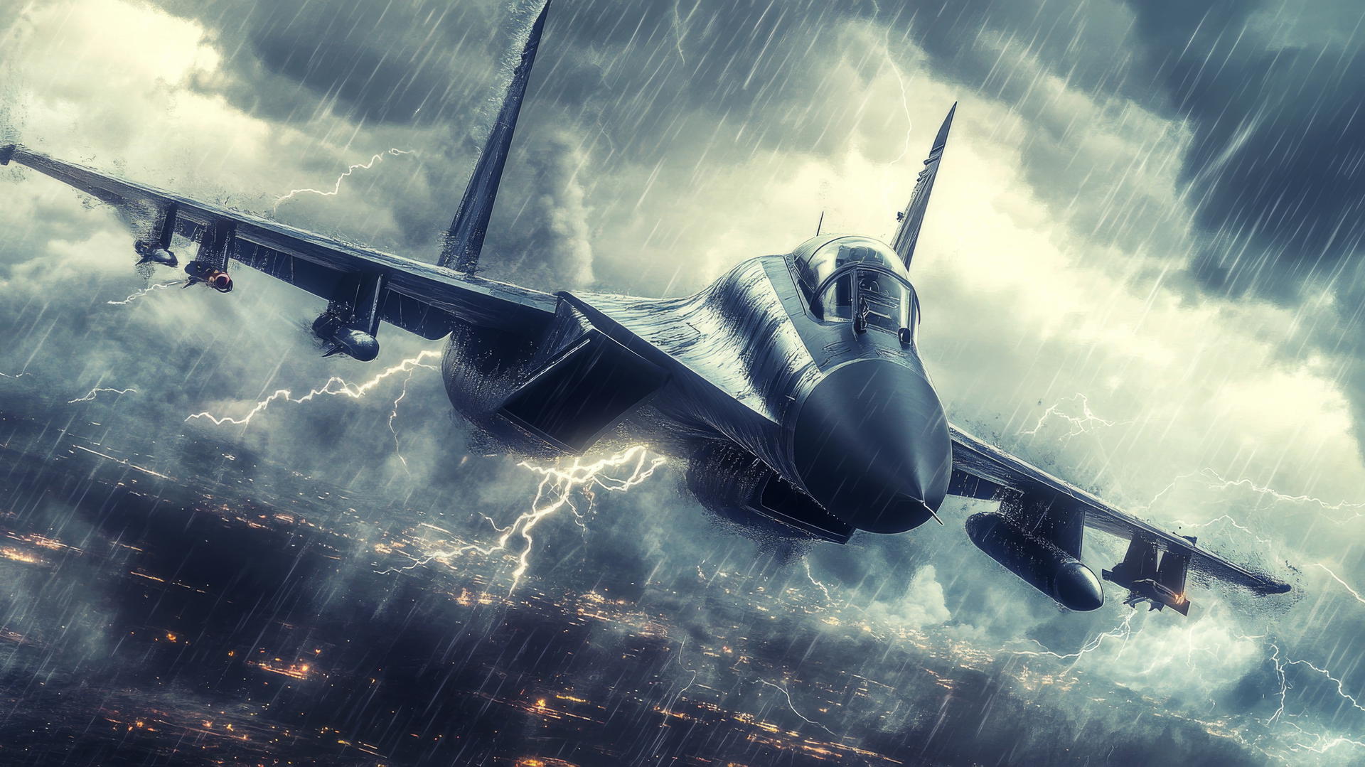 cool wallpapers for boys, featuring a sleek fighter jet flying through stormy skies with lightning.