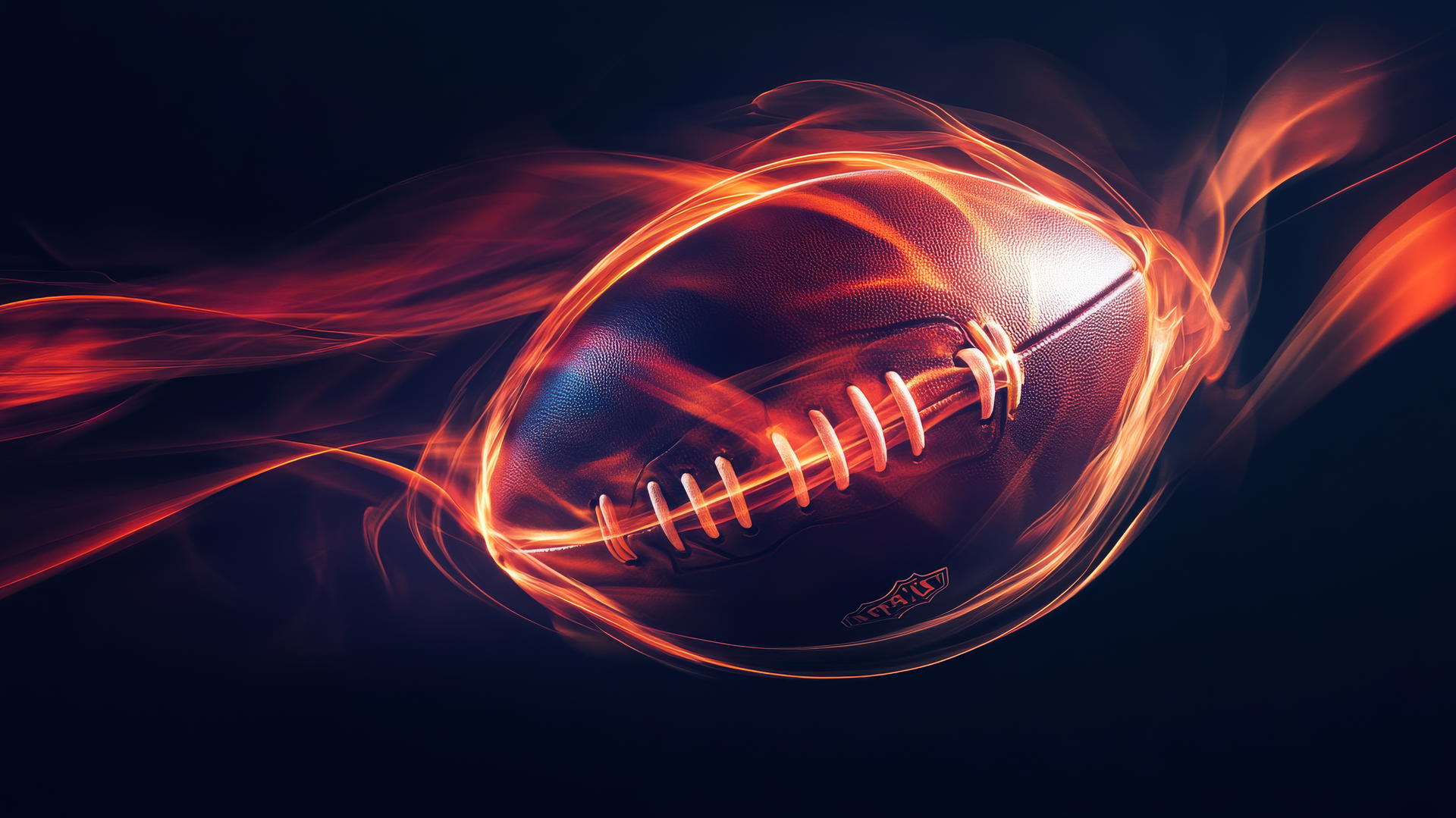 Glowing NFL football mid-spin with faint light trails on dark background