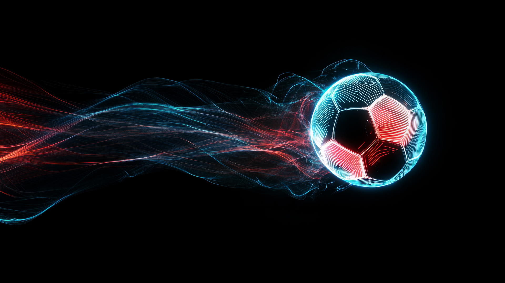 Spinning soccer ball with neon patterns and motion trails on black background.