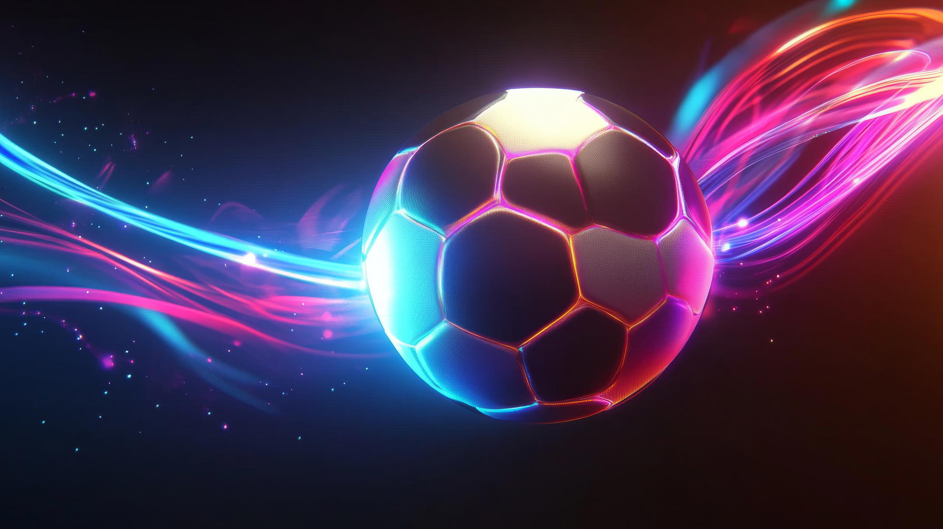 soccer ball with neon patterns spinning in mid-air on black background