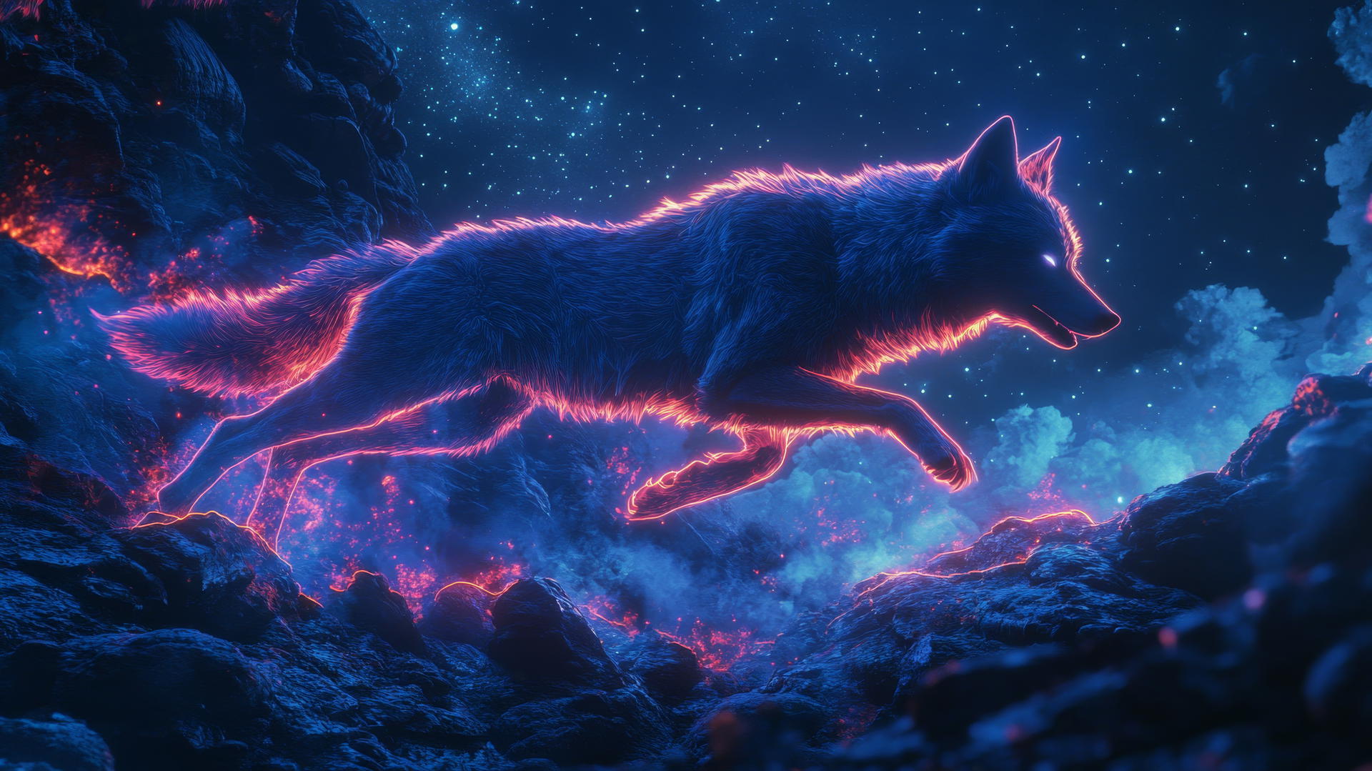 Glowing wolf silhouette leaping across a rocky landscape with neon highlights.