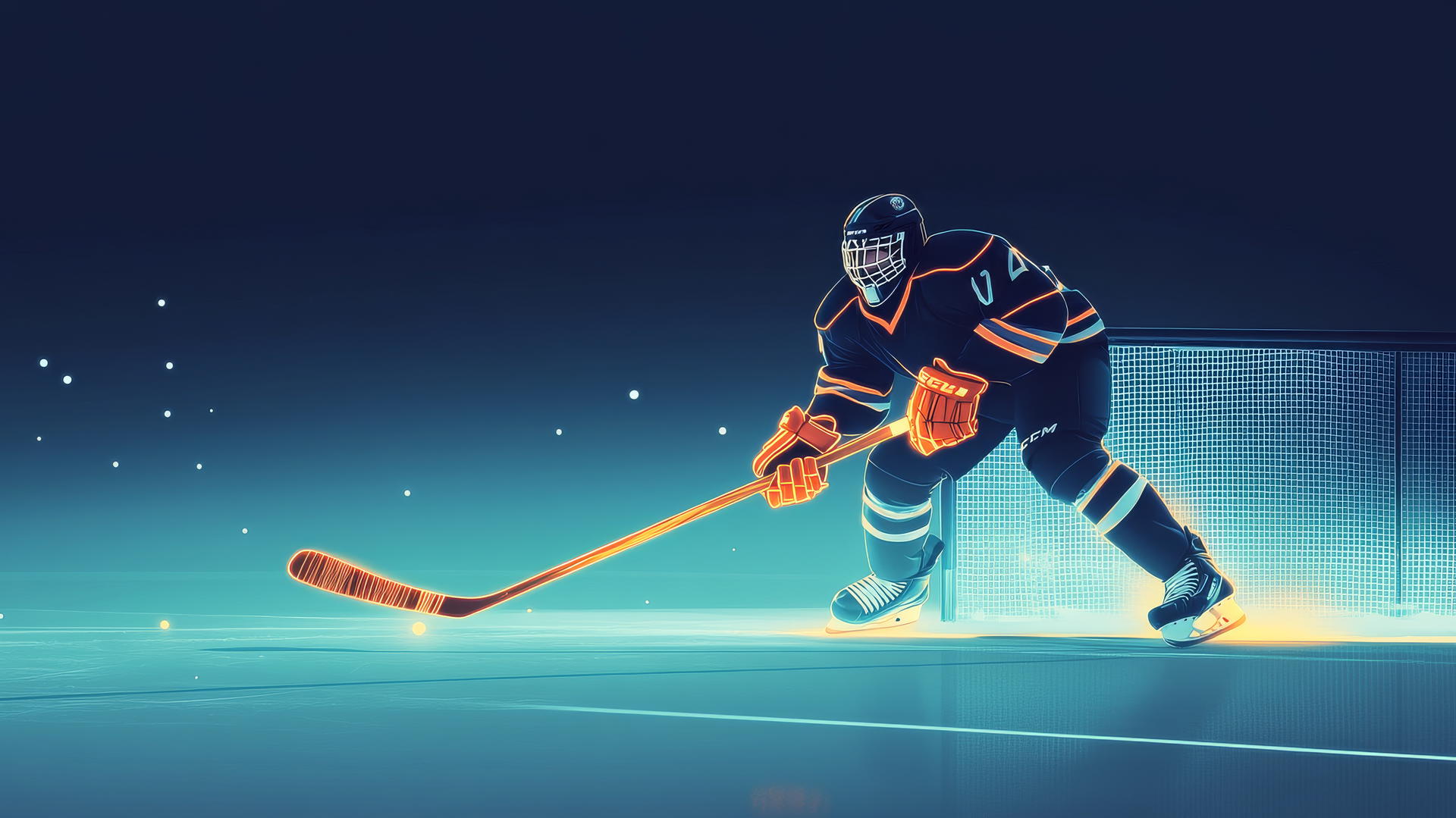 Minimalist hockey goalie making a glove save with glowing outlines on an ice rink