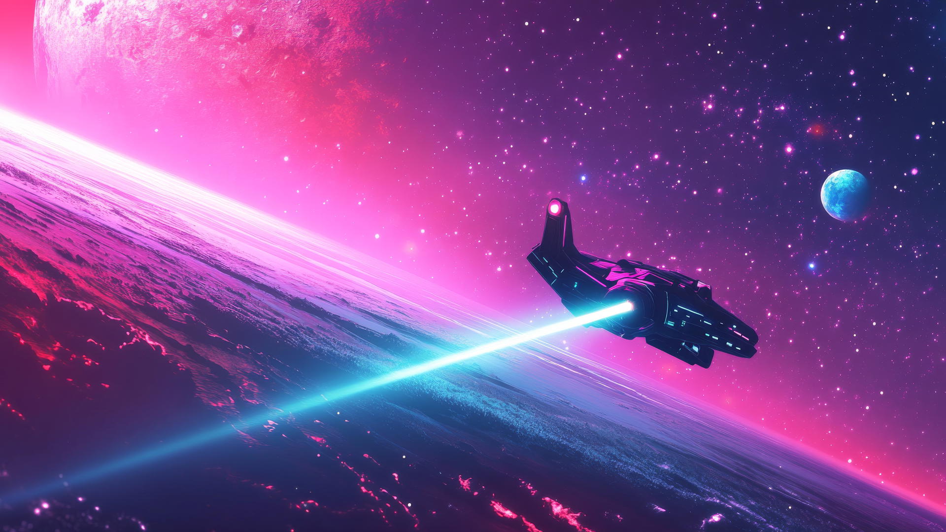 Glowing spaceship flying toward a distant planet with neon light trails.