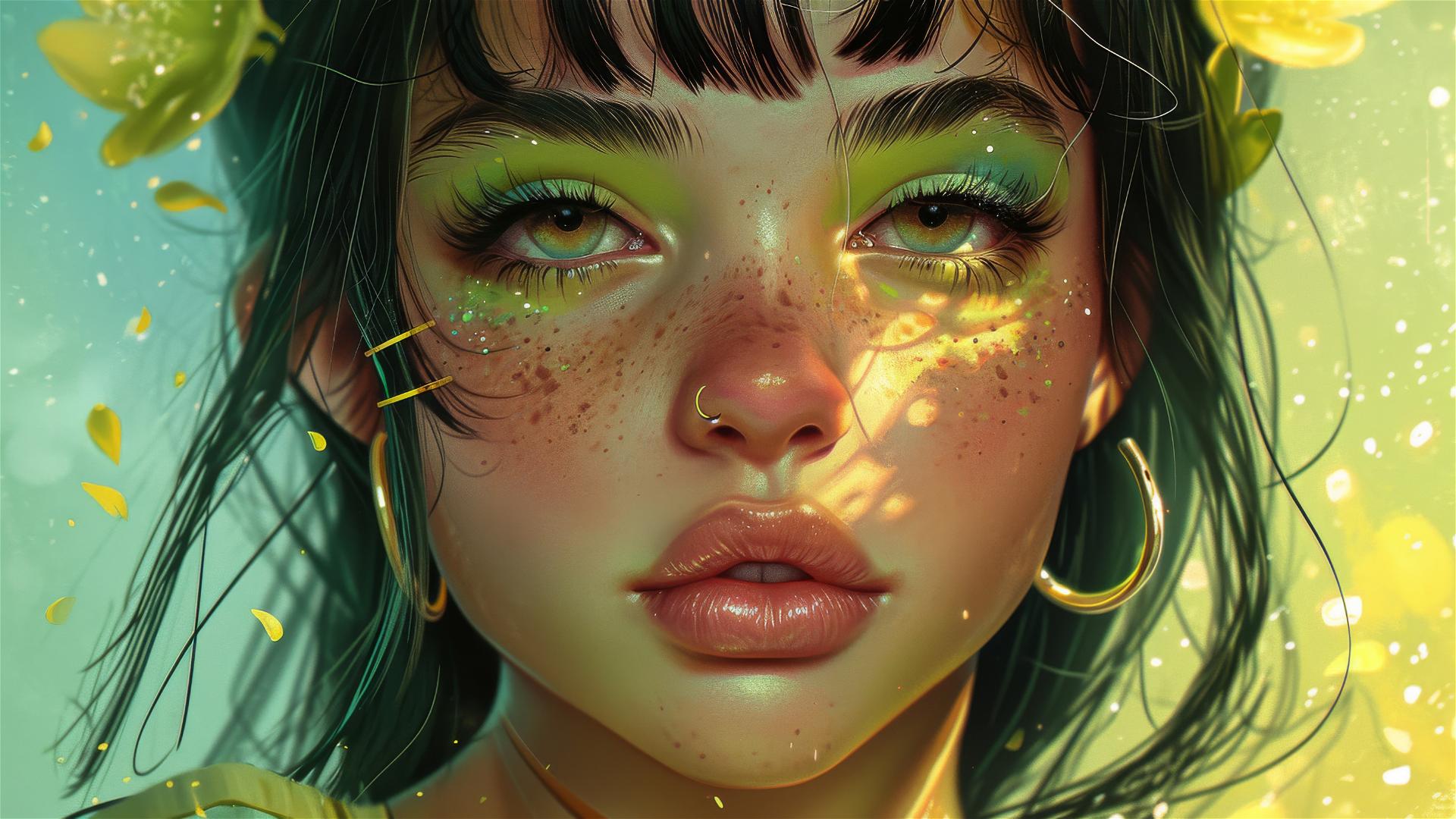 Kawaii tattoo-style art of a woman in green and yellow