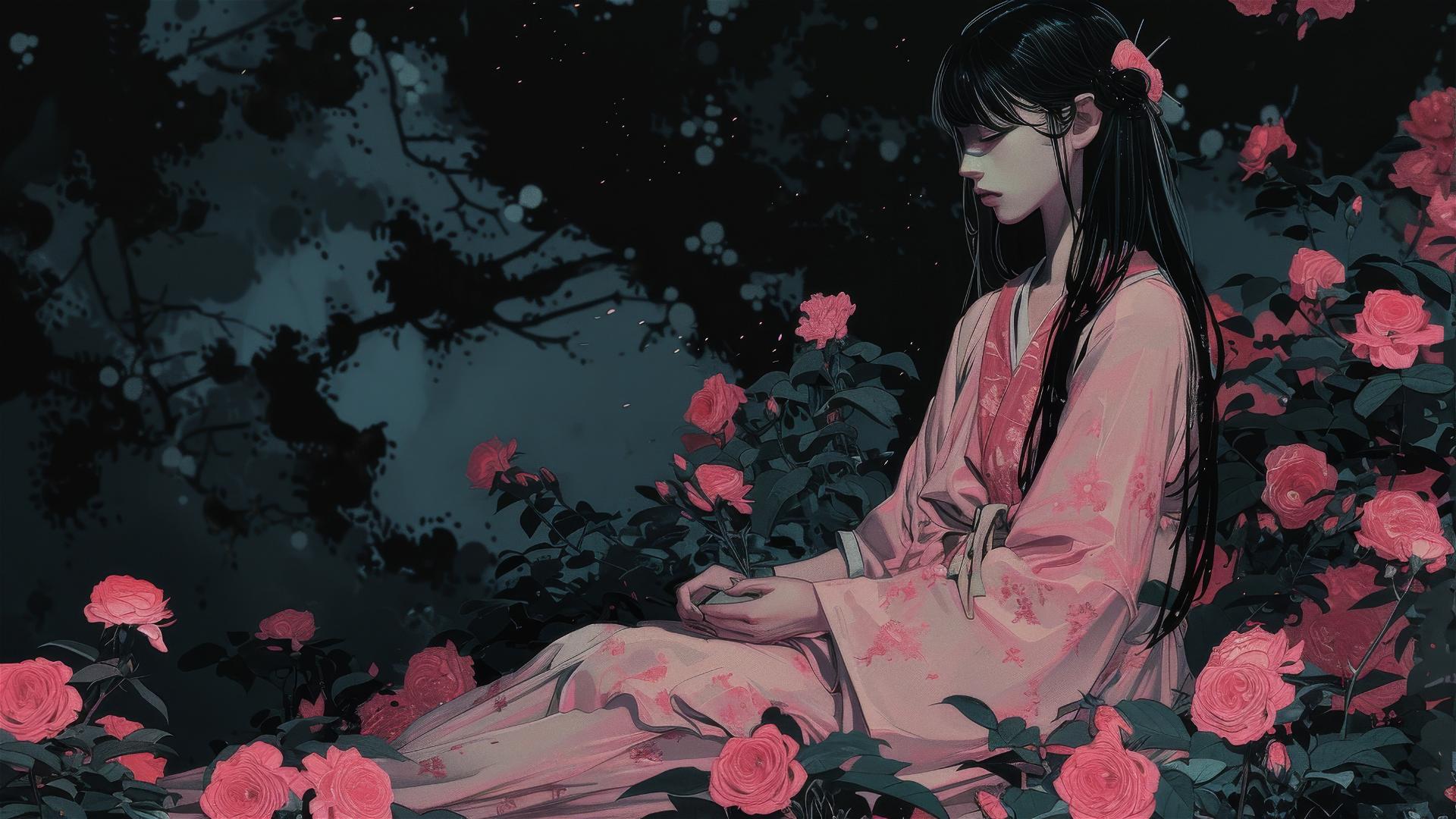 Genderless figure in pink on roses, gothic gongbi style, tondo format