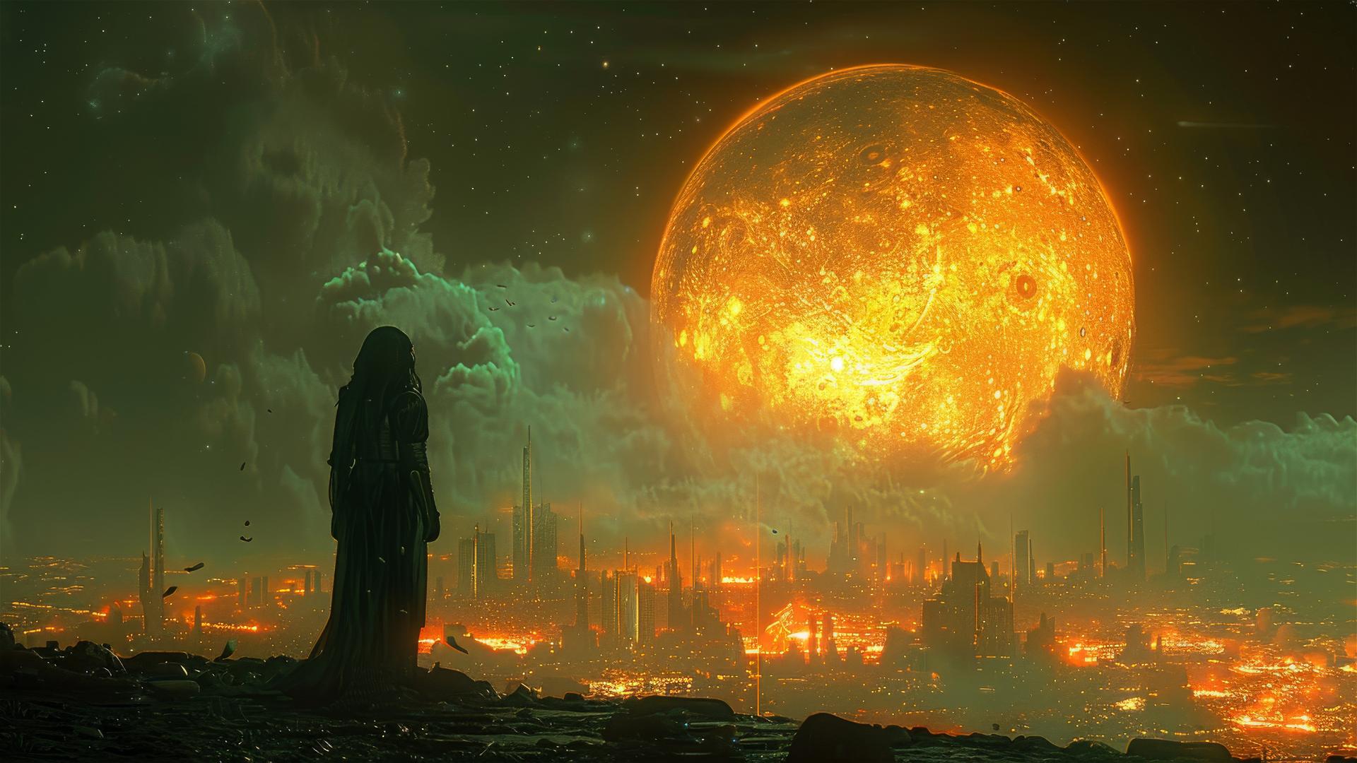Silhouette on colorful utopian planet with advanced aliens.