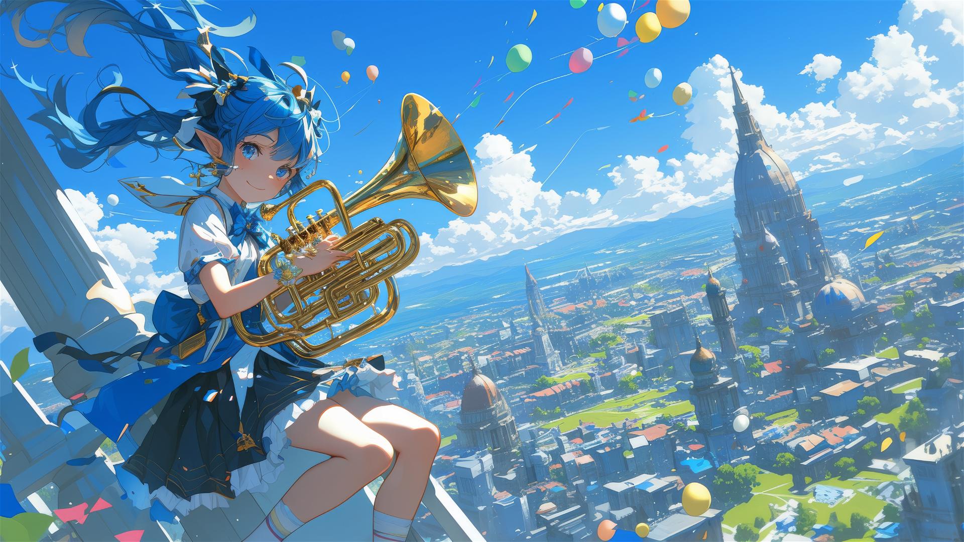 Panoramic view of a fairy with a euphonium