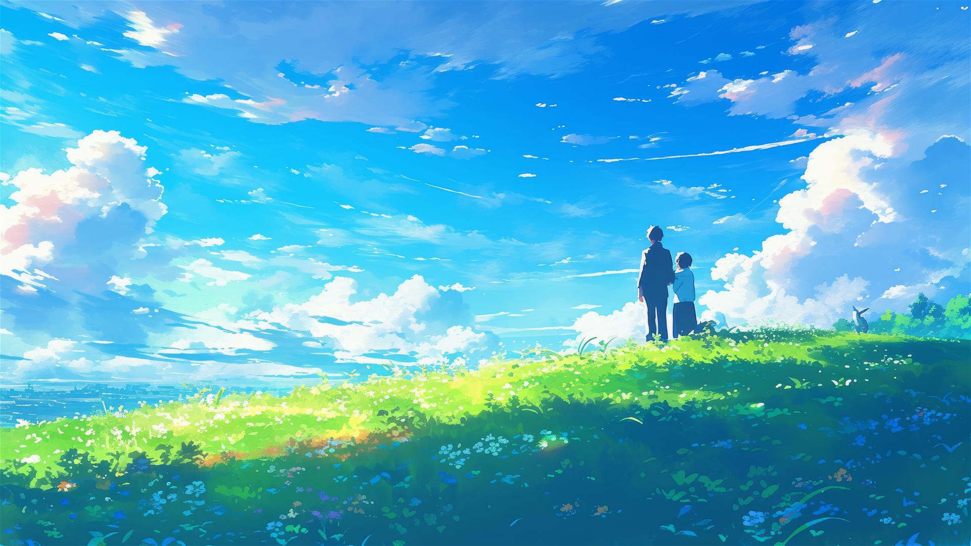 Anime couple on hilltop with sunlight, watching clouds.