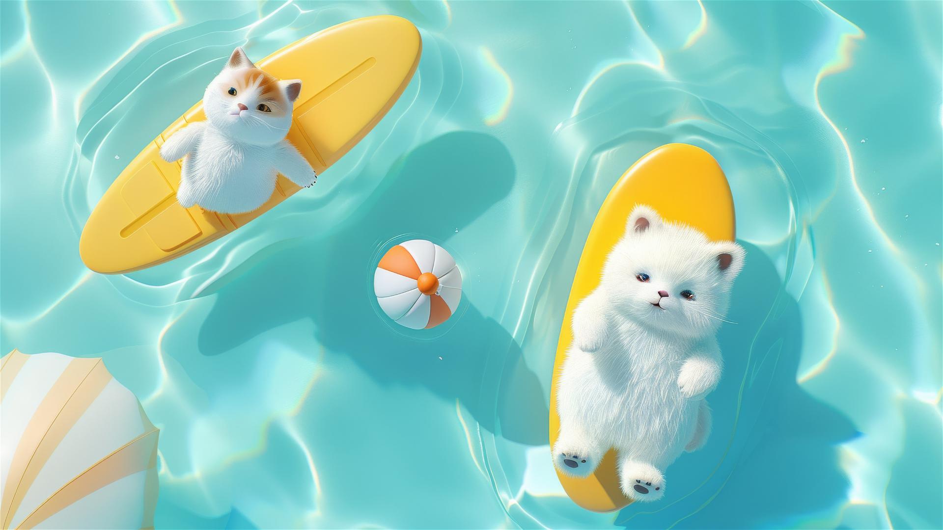 Cartoon bear and cat on surfboards in pool with ball