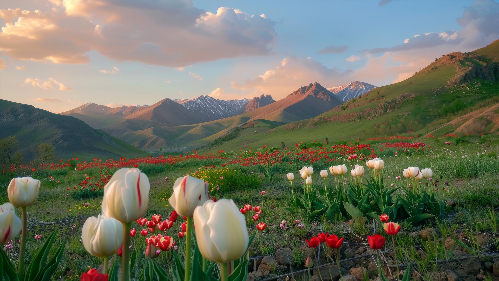 Sunset view of hills with tulips and idol-shaped mountains