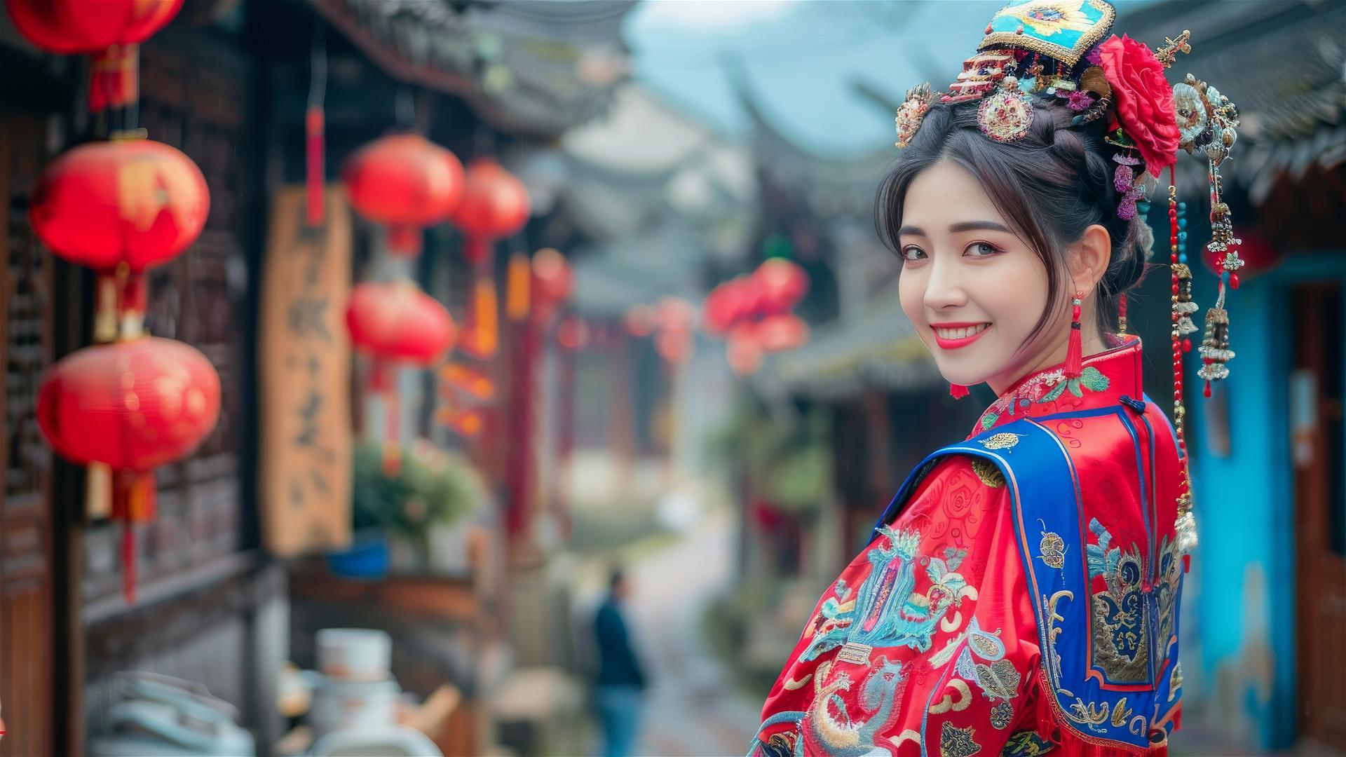 Ni Ni smiling in red and blue Zhuang attire, small town background, by Chen Man