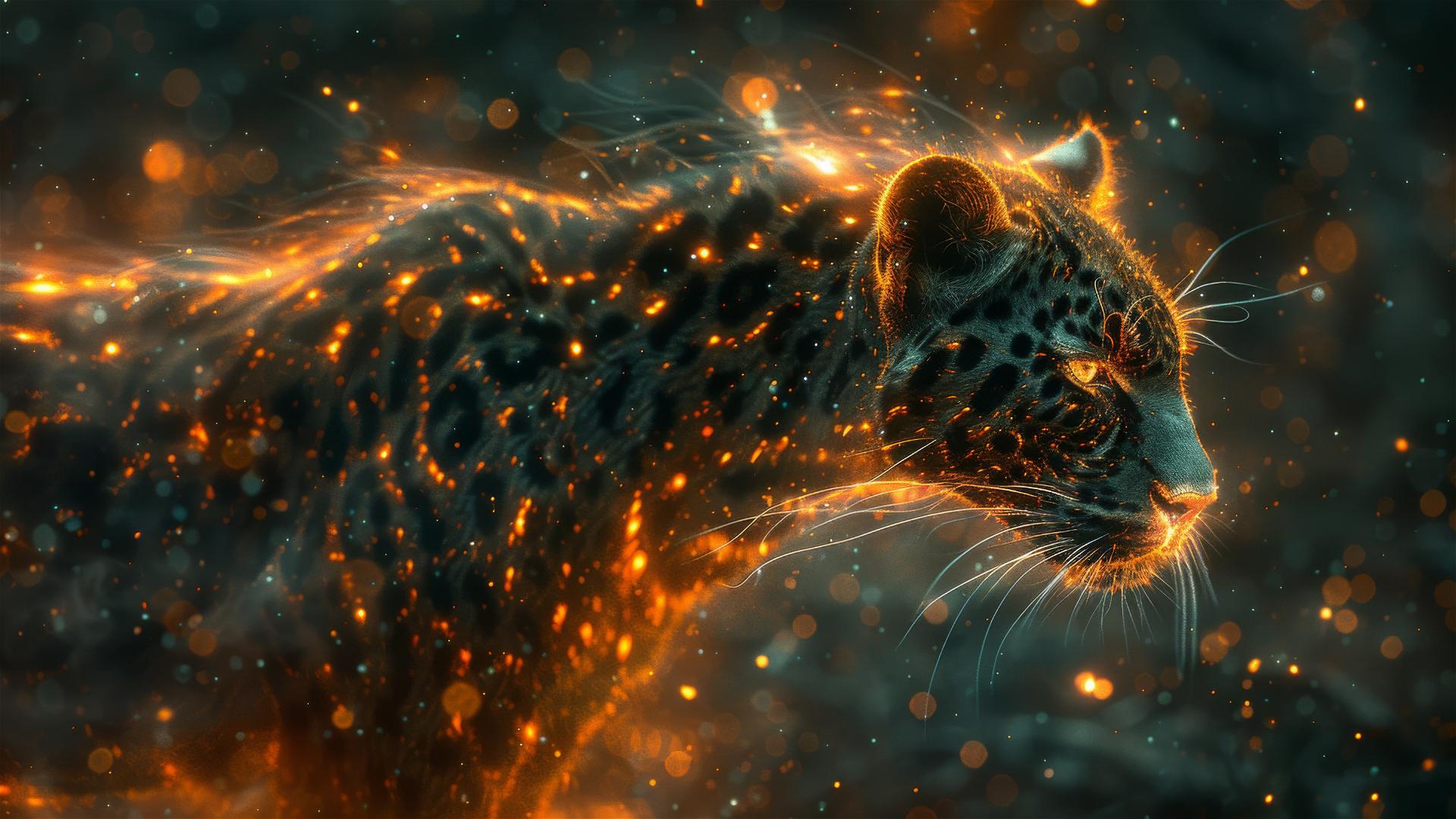 Cinematic view of a serpopard, backlit with a snake neck and leopard body.
