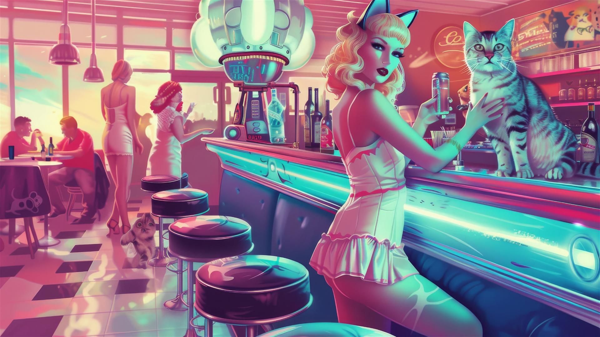 Retro futurism diner with cats, vintage waitress, and cat robot in cyan and magenta.
