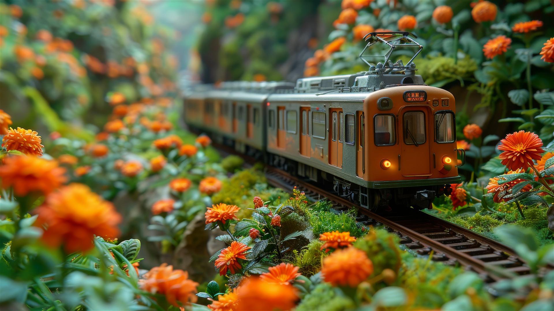 Cartoon metro in a flower-filled, dreamlike coastal landscape, Hayao Miyazaki style.