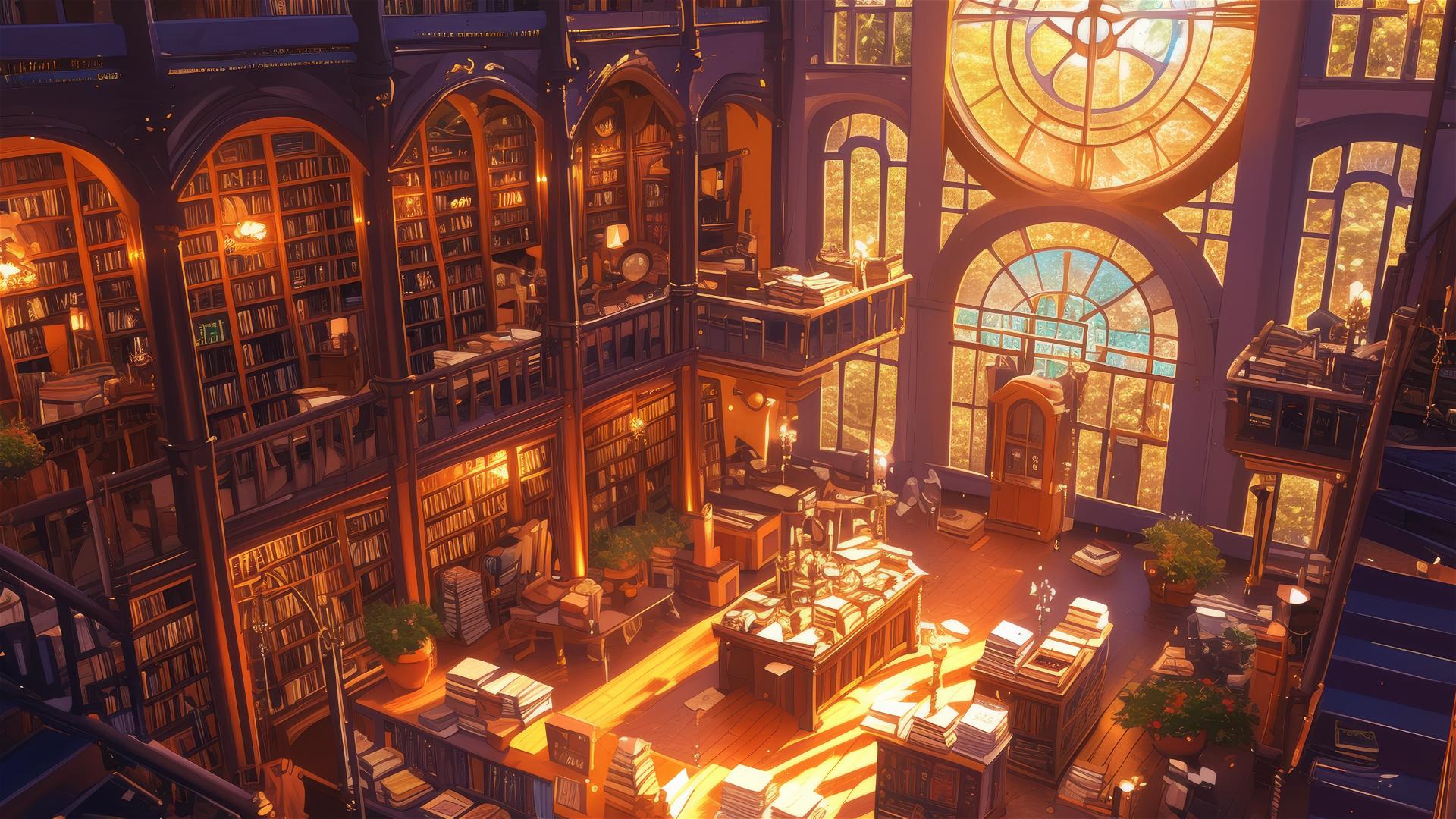 Ghibli-style library with enchanted books and artifacts in magical light.