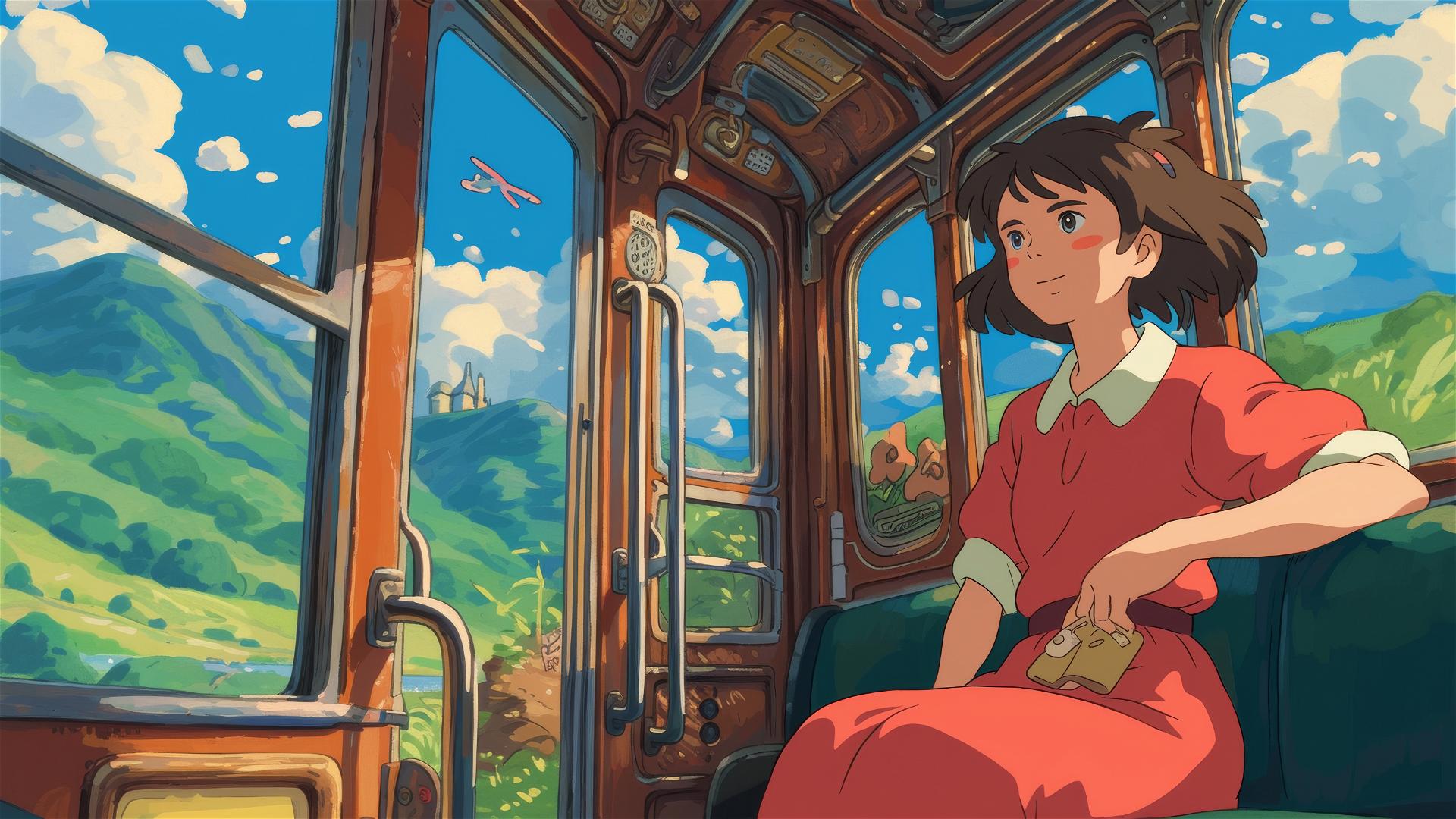 Anime-style train traversing a magical landscape.
