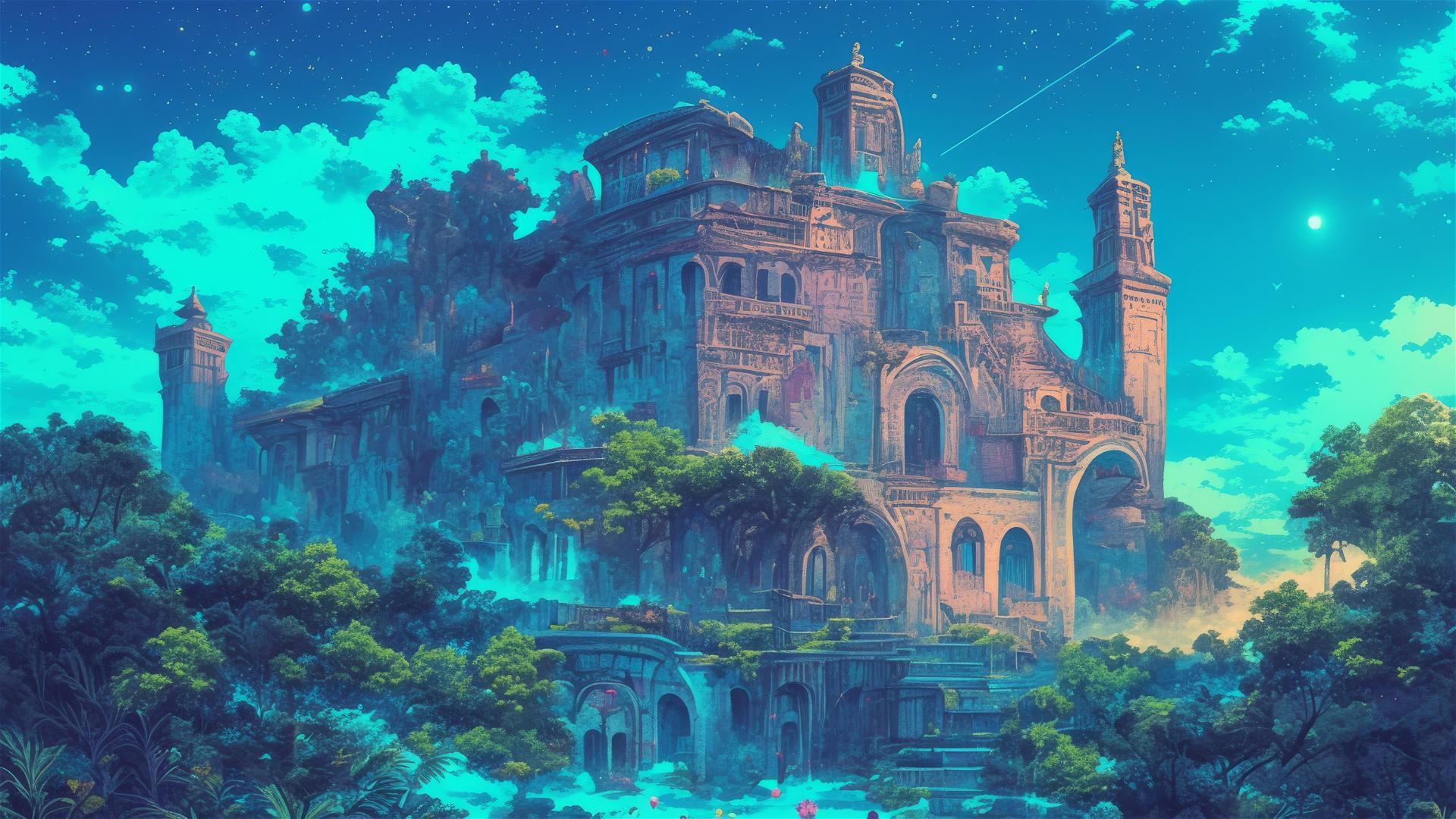 Anime-style Ghibli mansion with cursed artifacts and ghosts.