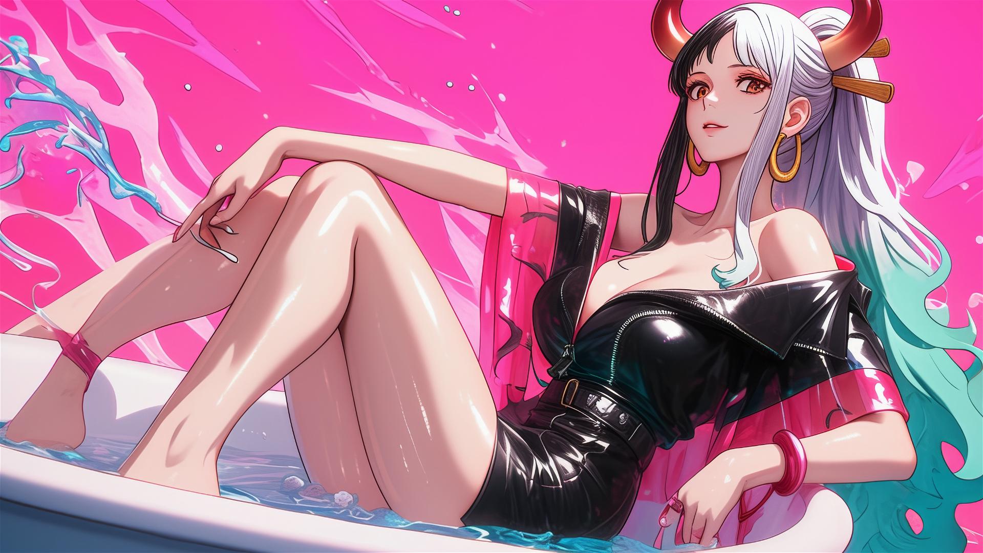 Yamato in black and pink leather, neon pink backdrop, hyper-realistic anime style.