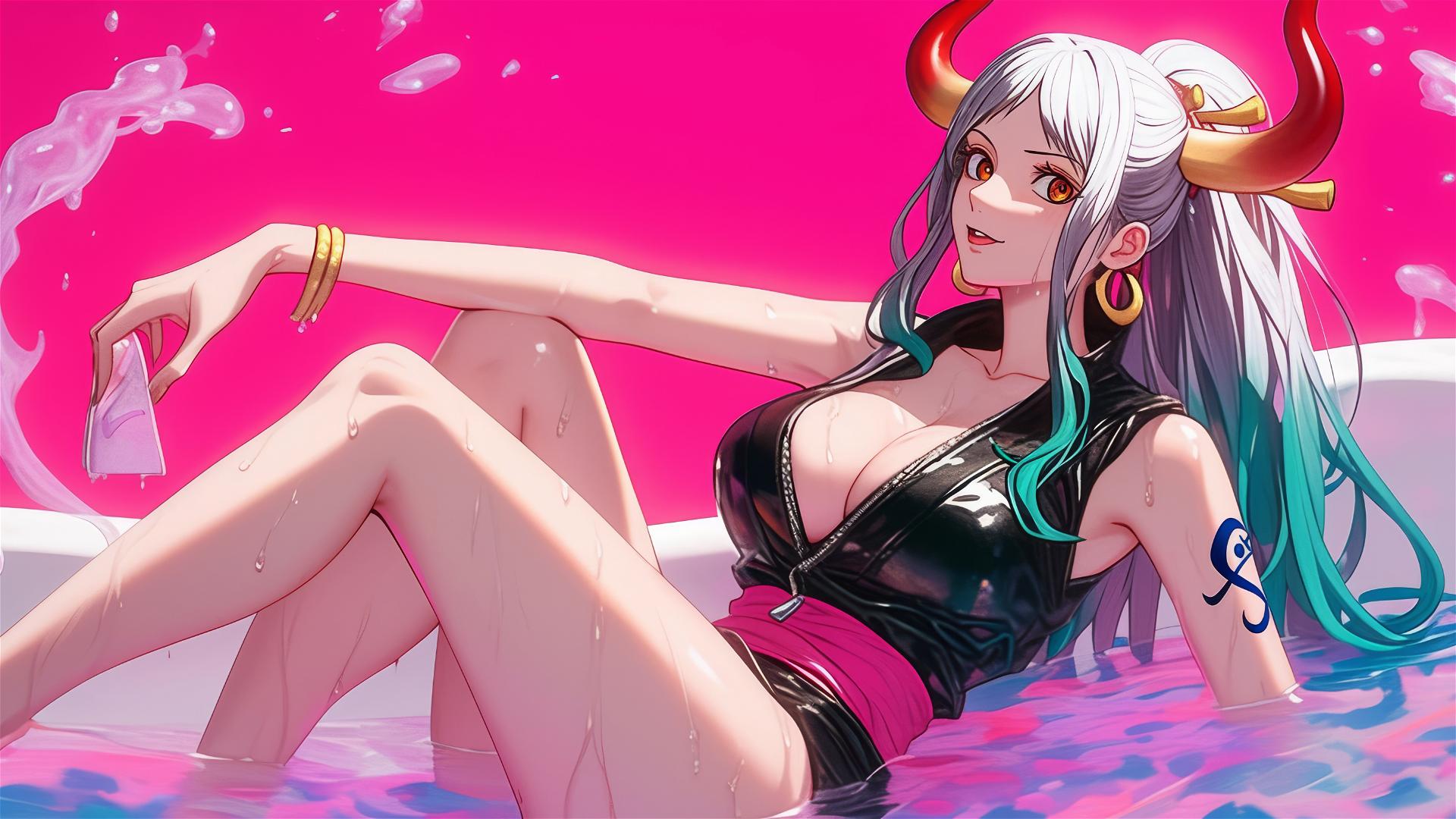 Yamato from One Piece in a bathtub, black and pink outfit, neon pink backdrop.