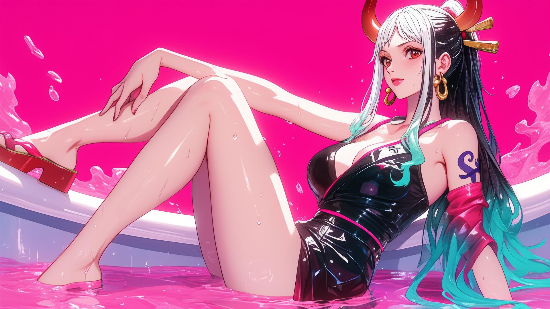 Yamato in black and pink leather, neon pink backdrop, hyper-realistic anime style.