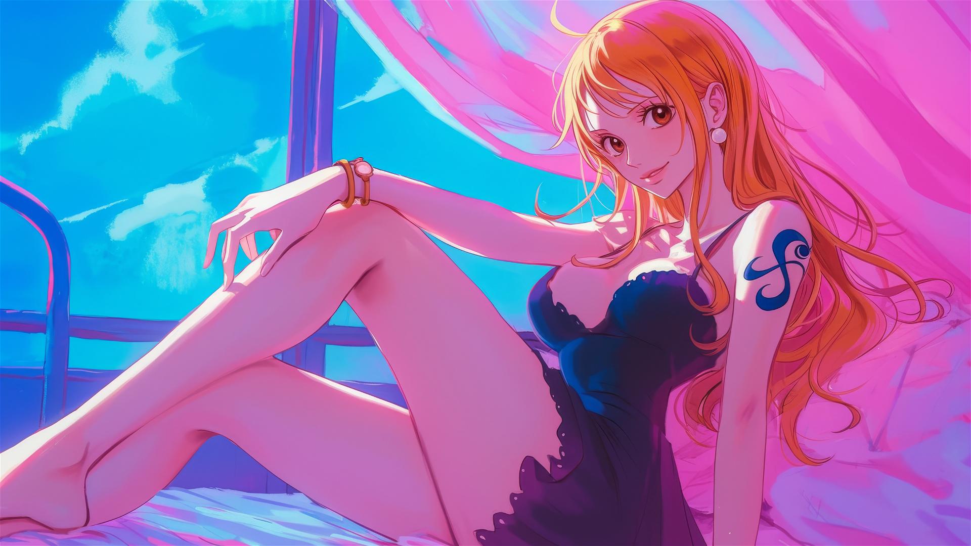 Nami from One Piece lounging, neon pink lighting on legs, hyper-realistic anime style.