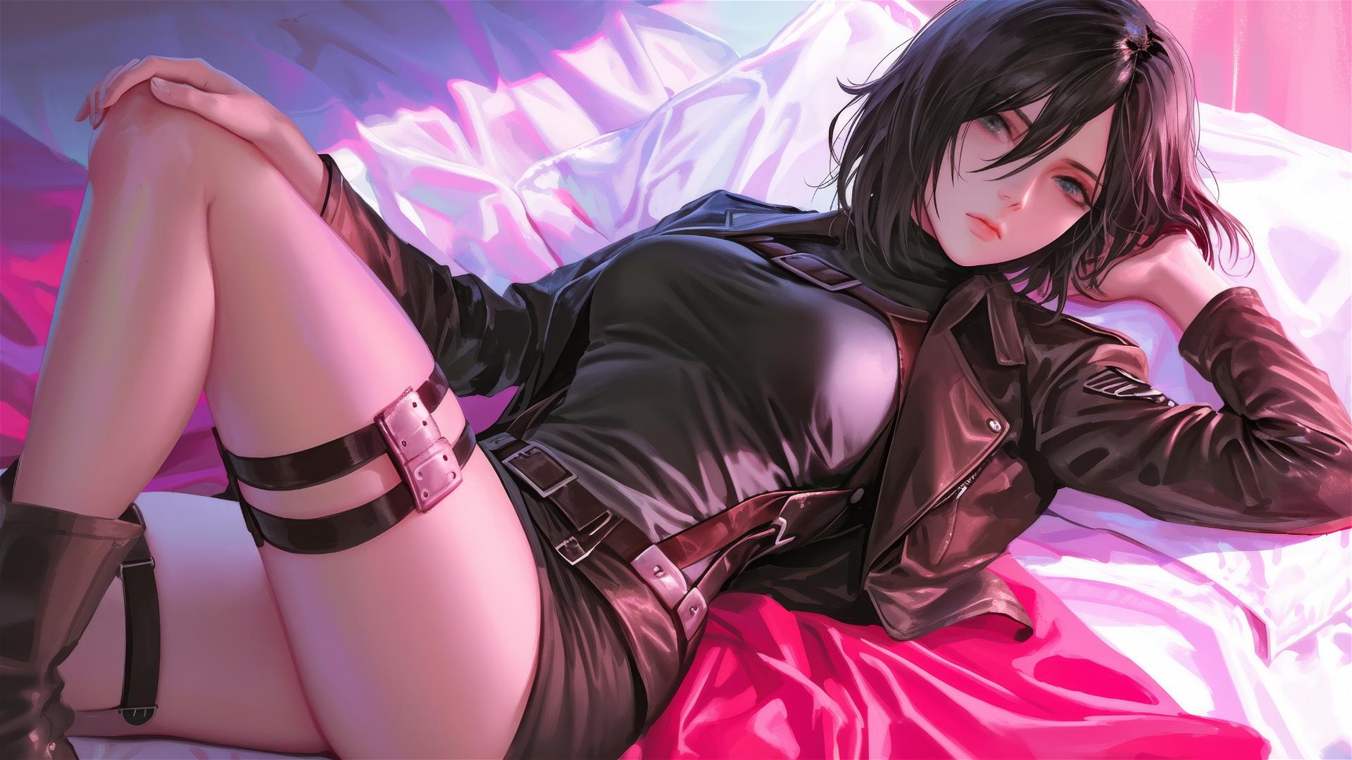 Mikasa Ackerman lounging in neon pink-lit attire, hyper-realistic anime style.