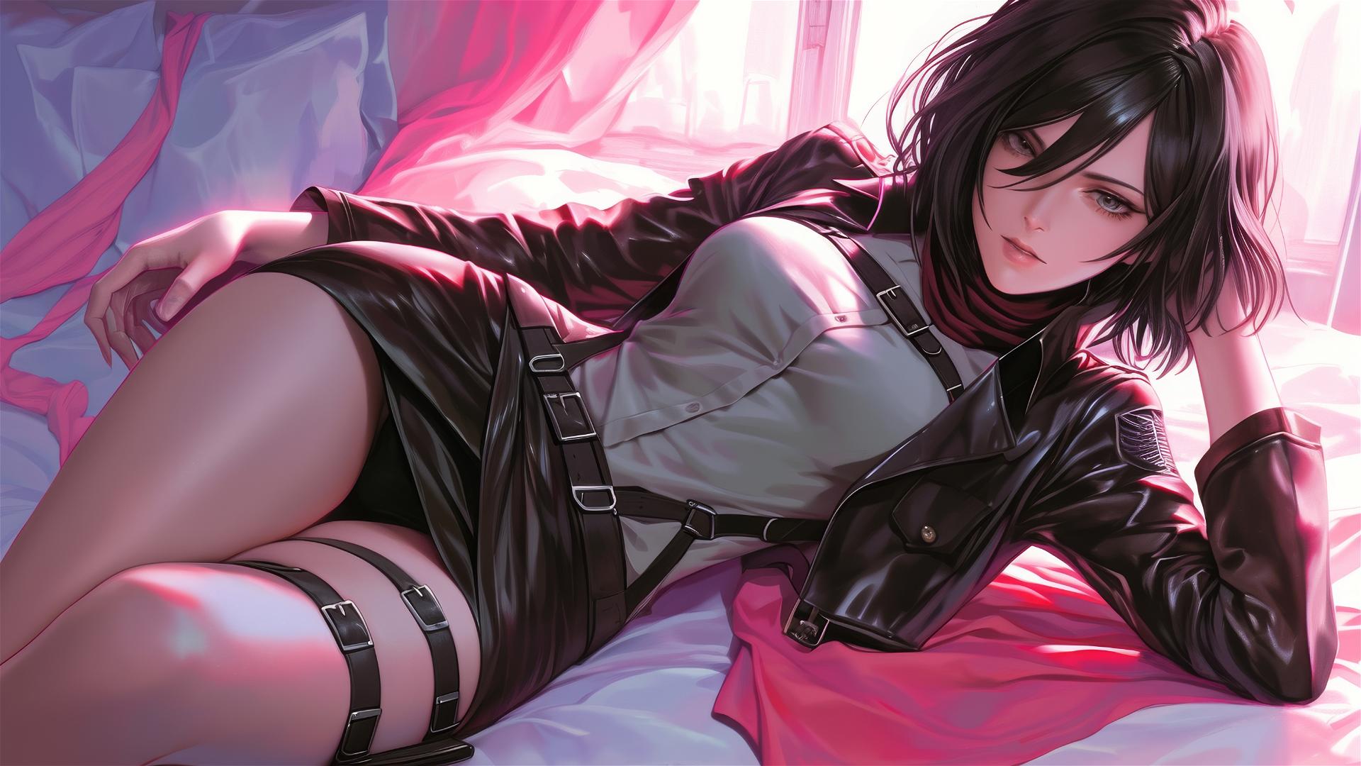 Mikasa Ackerman lounging in neon pink lighting, black and pink leather attire.